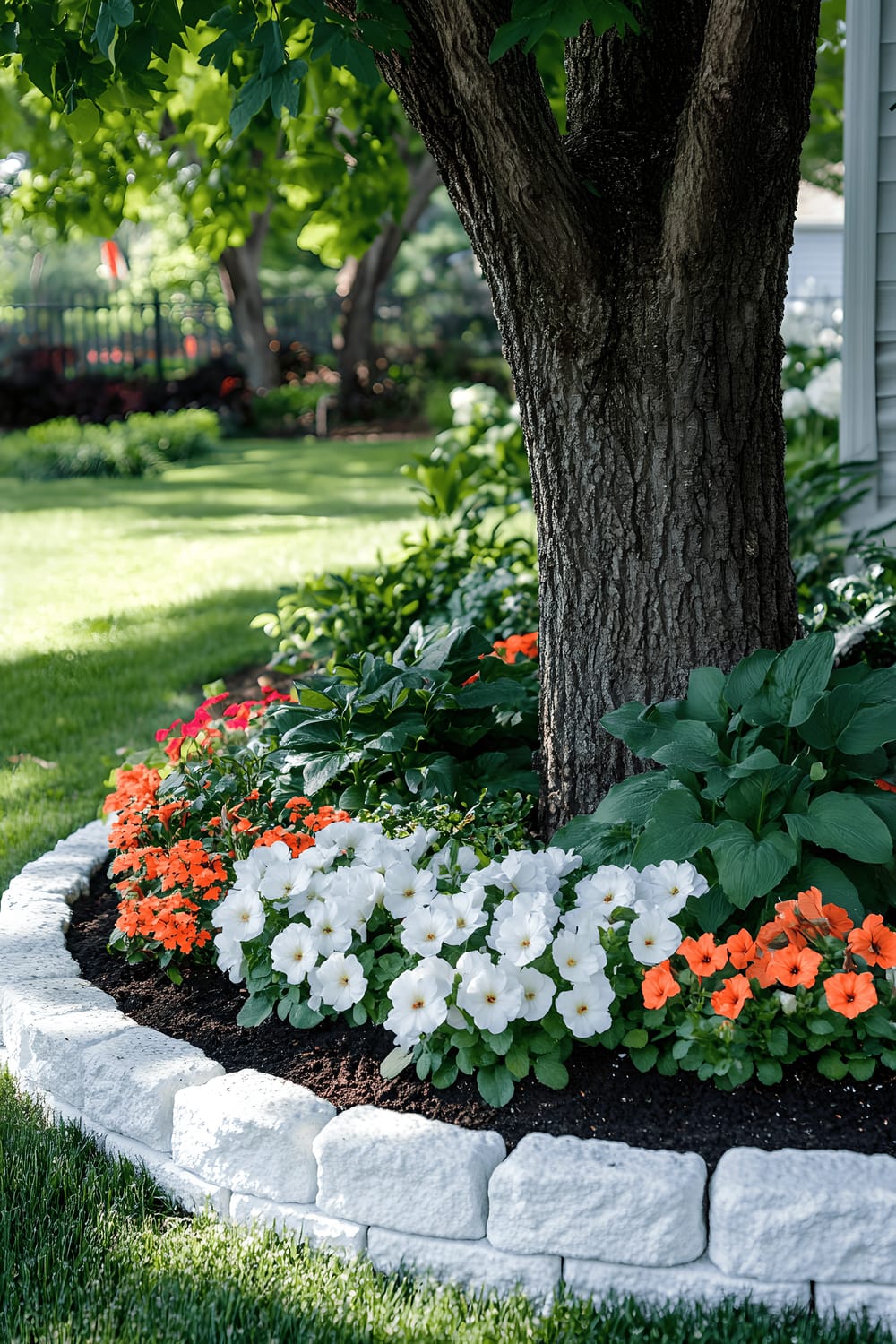 A small garden scene featuring a circular flower bed around a tree. The bed is bordered by white bricks and filled with a colorful mix of white geraniums and peach verbena blooms. A lush, well-manicured lawn surrounds the flower bed.