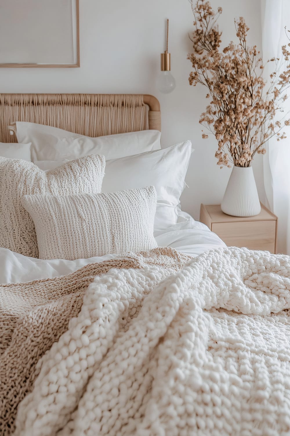 An intimate bedroom setting featuring a bed with a woven headboard, adorned with cream and beige knitted pillows and blankets. A nightstand beside the bed holds a white vase filled with dried floral arrangements. A modern hanging bulb light fixture adds a contemporary touch to the right side of the setting.