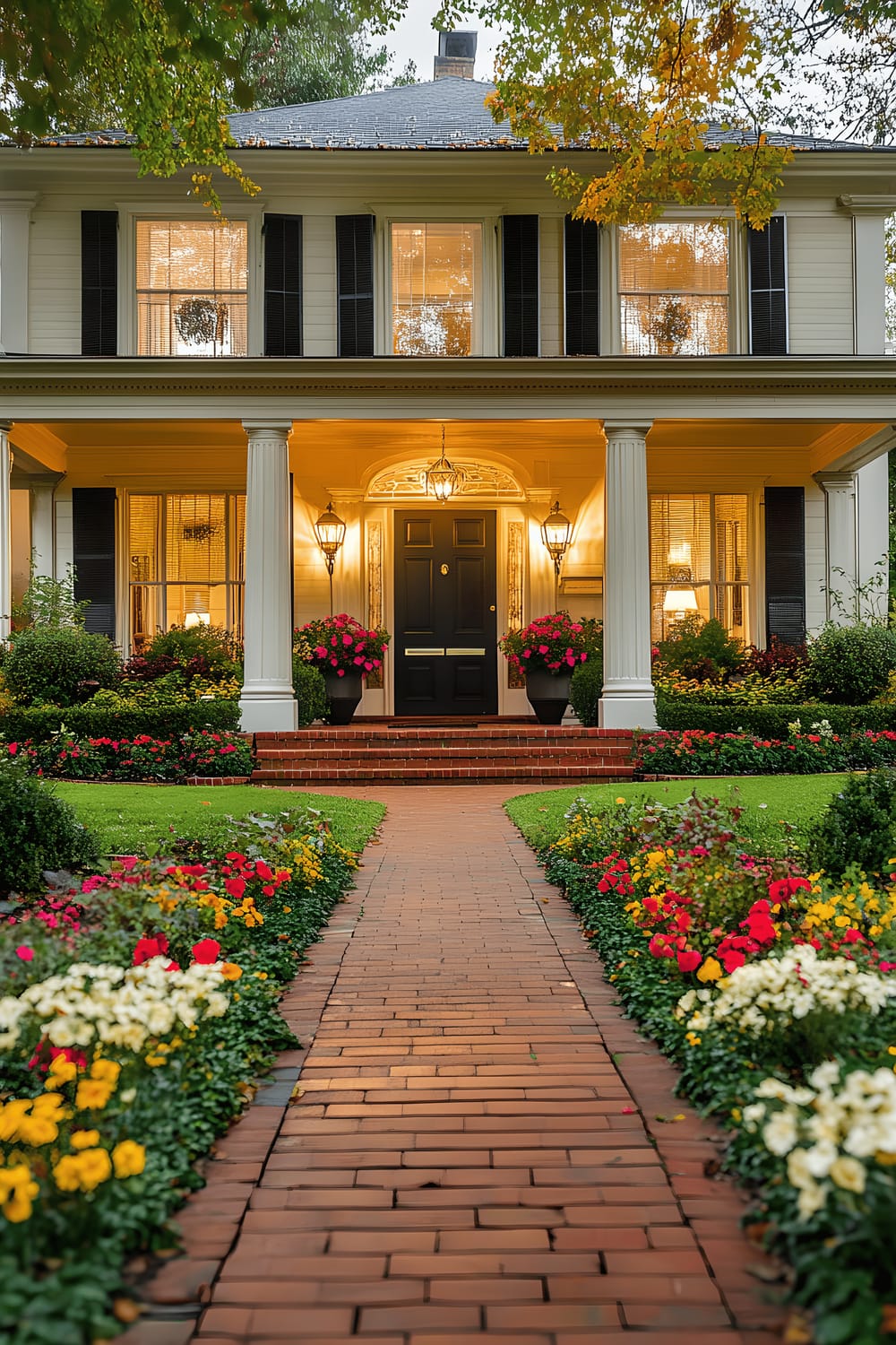 A gorgeous front yard featuring a red brick pathway that winds its way towards a rustic front door, accentuated by vibrant garden beds on either side, and illuminated by the warm light of porch sconces.