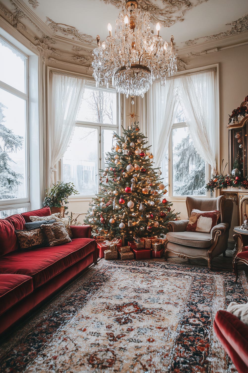 An Art Nouveau-inspired living room decorated for Christmas. The room features an ornate chandelier, large windows with sheer white curtains, and an elegantly adorned Christmas tree with glass ornaments and presents underneath. The furniture includes a red velvet sofa with patterned cushions, an ornate armchair, and an antique cabinet with festive decorations. The room is decorated in rich colors with intricate moldings on the ceiling and a patterned rug on the floor.