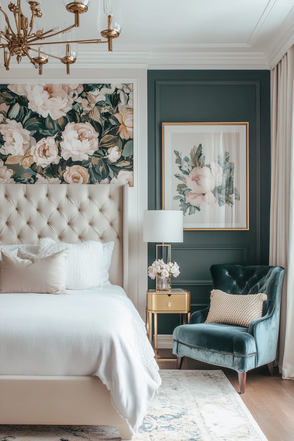 Luxurious bedroom showcasing an opulent blend of textures and decor. The centerpiece is a grand tufted headboard in cream, set against a striking floral mural. Adjacent, a teal velvet armchair with a textured gold pillow highlights a corner beside a gold-accented nightstand and lamp. The room is anchored with soft lighting, pale cream bedding, and richly detailed floral artwork.