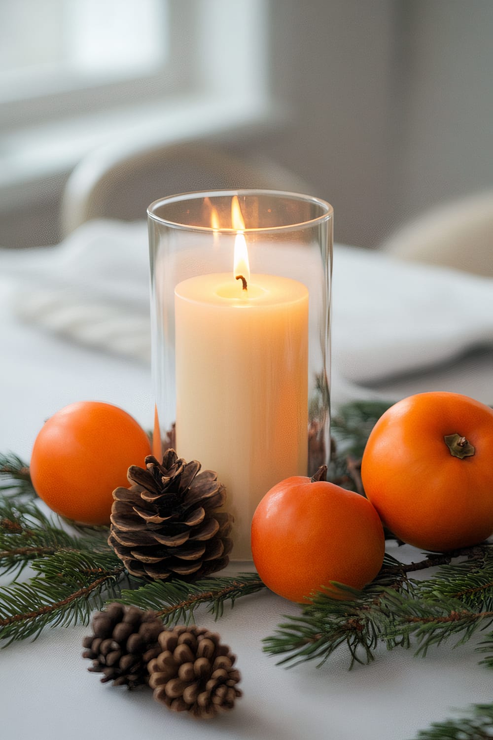 A warmly lit scene featuring a large white pillar candle inside a glass holder. The candle is surrounded by pine branches, pinecones, and orange persimmons, creating a festive and natural arrangement. The background is softly blurred, with hints of a bright window and a white cloth visible.