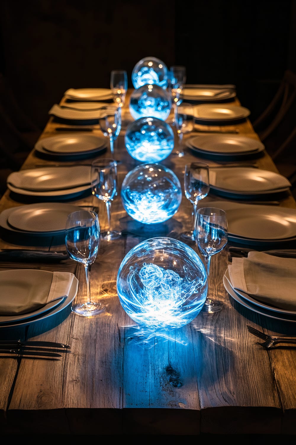 A dinner table with neutral-toned plates, understated silverware, and floating crystal orbs emitting pulsating blue LED light along the center, creating an eerie glow. The table is wooden and simple, with neatly placed wine glasses by each place setting.