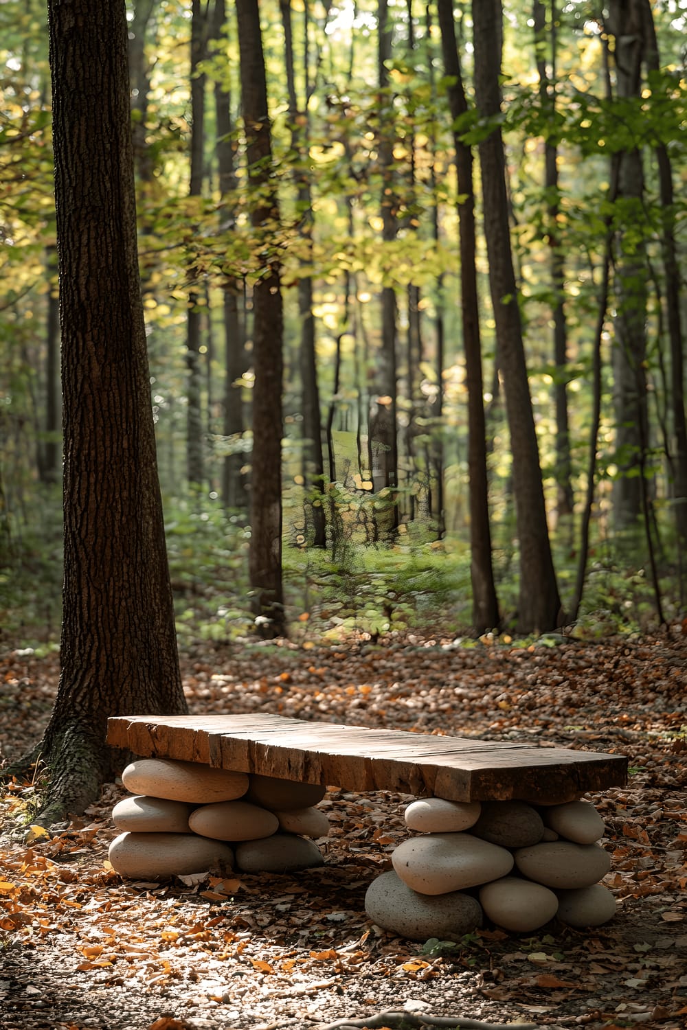 A handcrafted bench made of stacked river rocks and reclaimed wood sits in a tranquil forest scene. The bench is surrounded by towering pine trees and a carpet of multi-colored leaves, imbuing the scene with a sense of peace and tranquility. Sunlight filters through the tree canopy, casting dappled light onto the ground around the bench and enhancing the serene atmosphere.