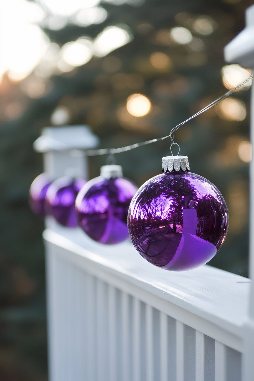 A string of large purple baubles hanging on a white porch railing. The baubles have a shiny surface and reflect their surroundings. The background is softly blurred, highlighting the deep purple hues of the ornaments.