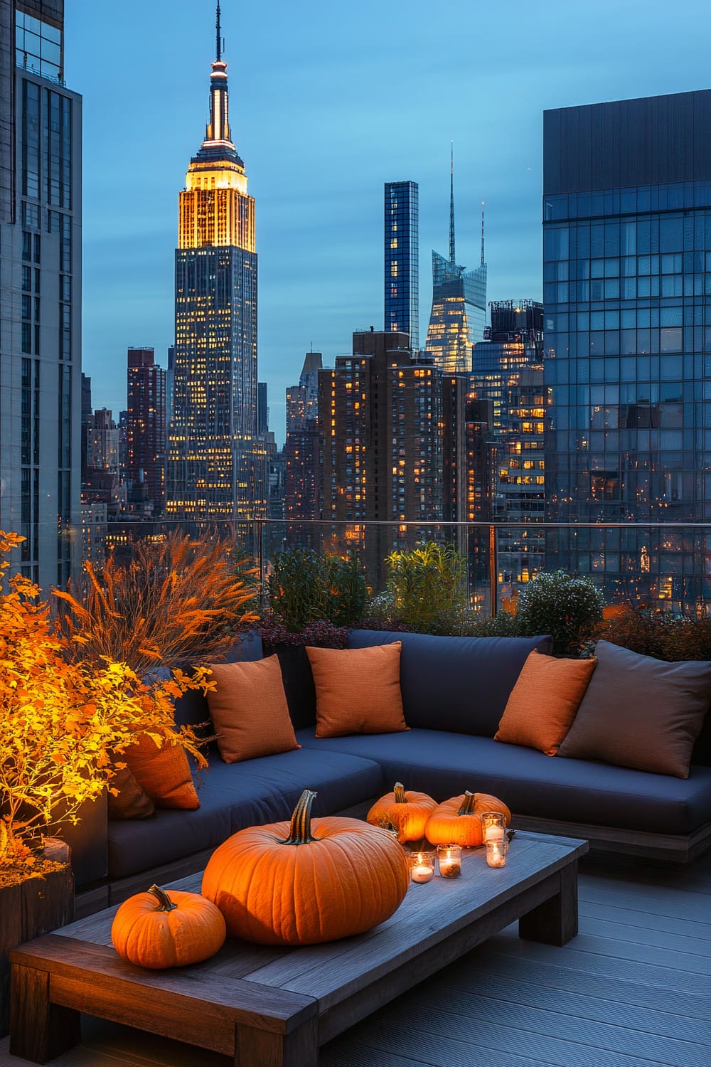 A modern rooftop terrace at dusk, featuring a comfortable dark gray sectional adorned with burnt orange cushions. A rustic wooden coffee table holds an arrangement of pumpkins and small, lit candles. Brightly lit skyscrapers, including a prominent building with a yellow top, form a stunning urban backdrop.