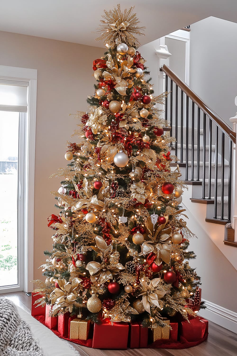 A grand Christmas tree adorned with a variety of decorations stands beside a staircase in a modern home. The tree is heavily decorated with gold and red elements, including large flowers, baubles, ribbons, and twinkling lights. The tree topper is a large, glittering gold starburst. Wrapped presents in red paper are arranged at the base of the tree.