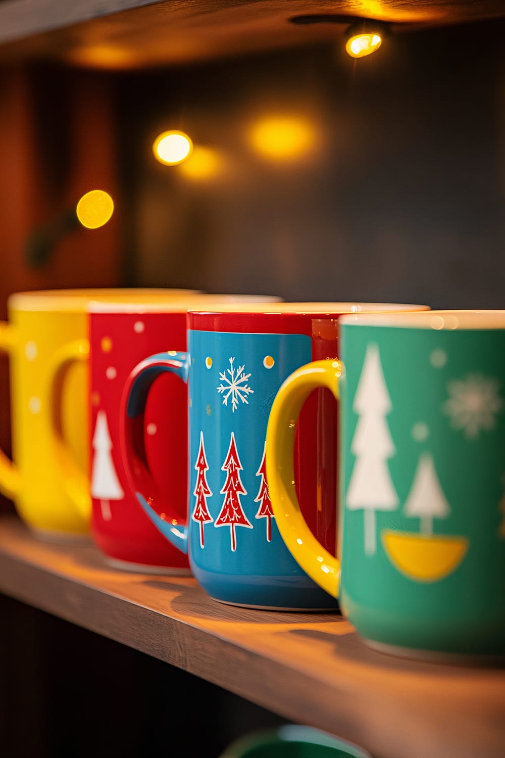 A close-up view of a row of brightly colored ceramic holiday mugs arranged neatly on a wooden kitchen shelf. Each mug features bold, contrasting colors such as bright red, deep green, vivid blue, and sunny yellow, and is adorned with minimalist festive patterns like trees and snowflakes. The mugs are illuminated by vibrant overhead lighting, highlighting their cheerful colors and clean design against a muted background.