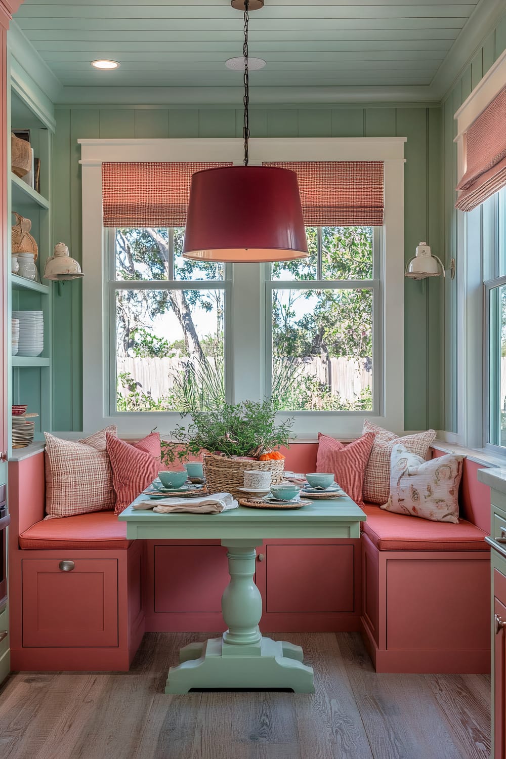 A bright, inviting breakfast nook with coral-colored bench seating and mint green walls. The space features a mint green table with four place settings, complete with woven placemats, light teal cups, and plates. Above the table hangs a large red pendant light. The nook has windows with red Roman shades and various patterned pillows on the seating area. Plants in a wicker basket are the centerpiece on the table.