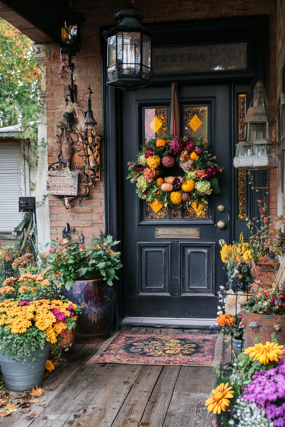 An image of a rustic autumn-themed front porch featuring a black door adorned with a colorful wreath made of autumnal flowers and small decorative pumpkins. The door is surrounded by lanterns and stained glass panels with warm hues. The porch is decorated with various potted plants and flowers, predominantly yellow, orange, and purple chrysanthemums. A vintage door mat with intricate patterns sits at the doorstep on the wooden floorboards.