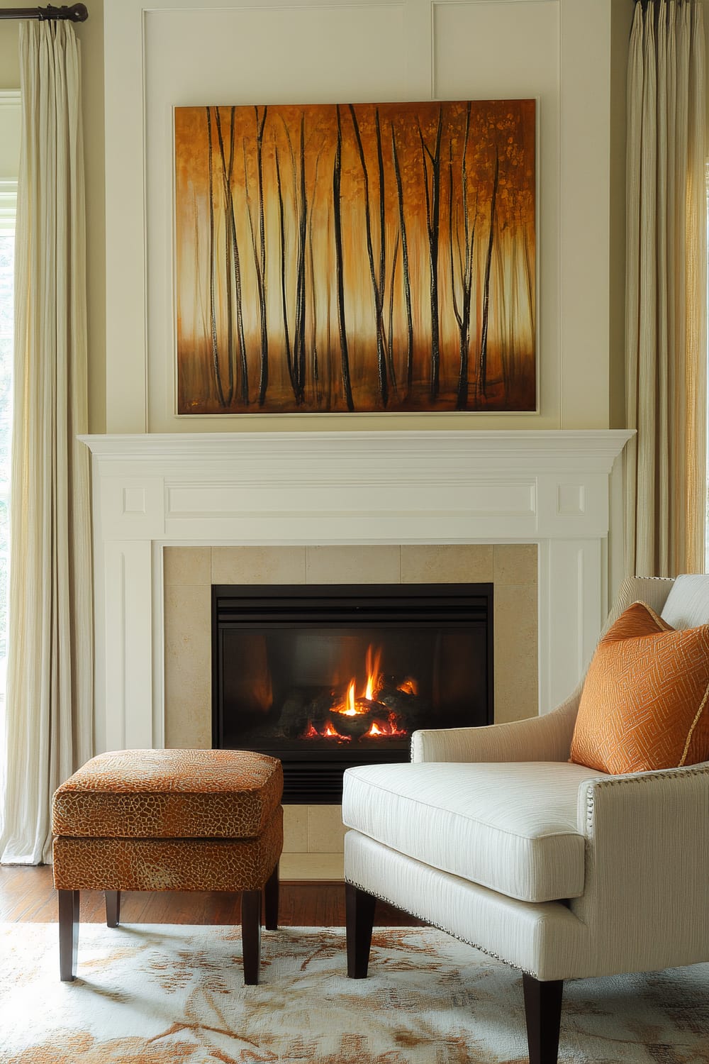 A serene living room centered around a white fireplace. Above the fireplace is a painting featuring abstract, slender tree trunks in autumn colors. To the right is a modern armchair upholstered in soft white fabric with nailhead trim, accentuated with orange-patterned pillows. In front of the chair is a plush ottoman with a cozy, textural orange cover. The room is framed by light tan curtains that filter natural light into the space, creating a warm, inviting atmosphere.