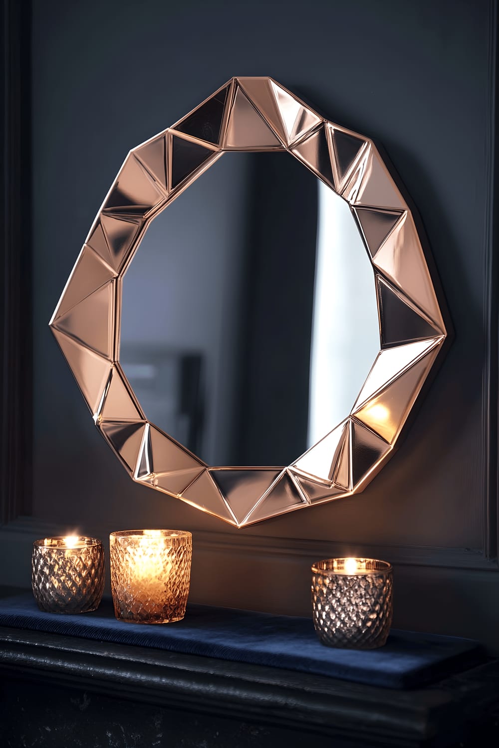 A modern gold geometric mirror with a rose gold frame positioned on a dark slate mantel. Beneath the mirror, a plush navy blue velvet base displays two lit amber candles whose warm light reflects off the mirror and highlights the luxurious fabric and metallic frame.