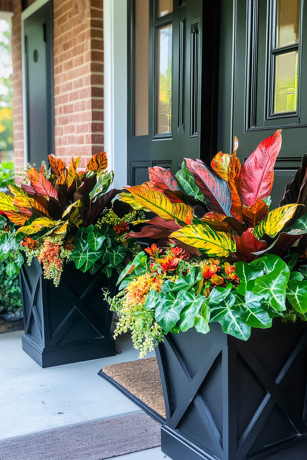 Two large black planters filled with vibrant, colorful foliage and flowers are placed on a porch in front of dark gray doors. The plants include large, multicolored leaves in shades of red, yellow, and green, with cascading green foliage and small orange flowers. The planters sit on a concrete floor next to brown doormats, with a brick wall visible in the background.