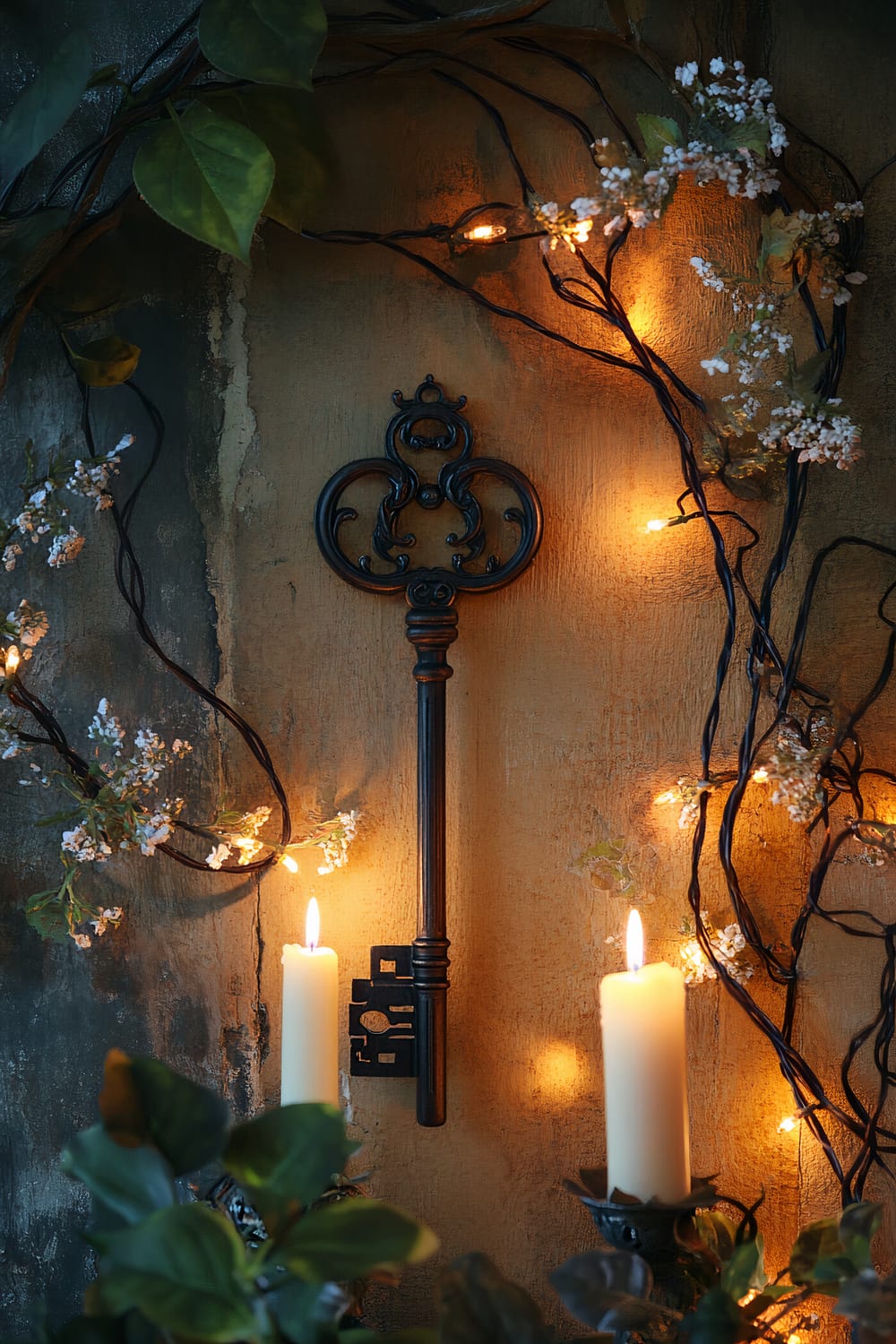 An antique key hangs on a textured wall, surrounded by intertwined vines adorned with tiny white flowers and illuminated by glowing fairy lights. Below the key, two lit candles add to the mystical ambiance.