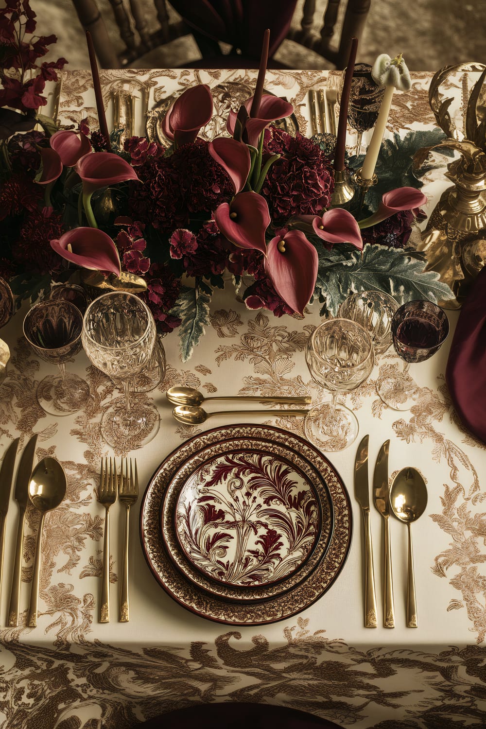 A luxurious, ornate table setting featuring an ivory tablecloth with intricate brown patterns, vibrant centerpiece of red calla lilies and dark red carnations, surrounded by crystal glassware and gold cutlery. The centerpiece includes candles and golden details. The plates have a burgundy floral design, enhancing the rich, opulent atmosphere.