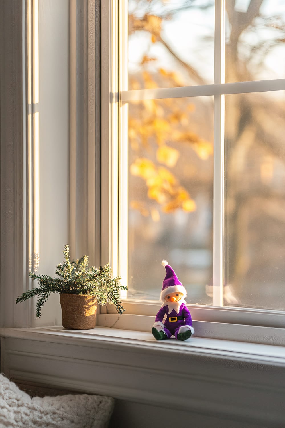 An Elf on the Shelf in a vivid purple outfit is perched on a white window sill. The window behind the elf allows soft natural light to filter through, casting a warm glow on the scene. A small, potted evergreen plant sits on the left side of the sill, adding a touch of greenery. Outside, autumn leaves are visible, suggesting a serene, seasonal atmosphere.