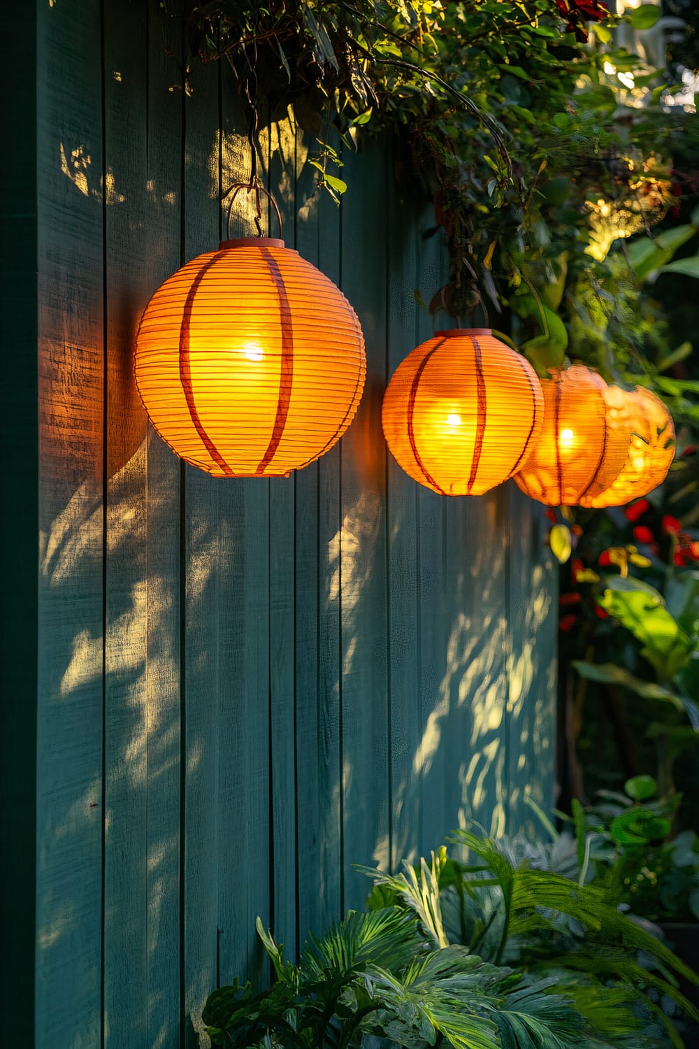 Three orange lanterns hang on a deep forest green garden wall, casting vibrant shadows during the golden hour. The lanterns are surrounded by lush greenery, enhancing the festive outdoor decor.