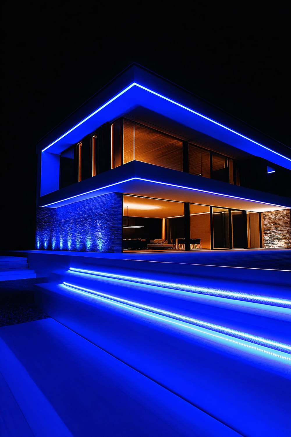 A modern, two-story house illuminated at night with bright blue LED lights lining the edges of the building and the steps leading to the entrance. The interior is visible through large glass windows, revealing a warm, inviting ambiance with orange-hued lighting.