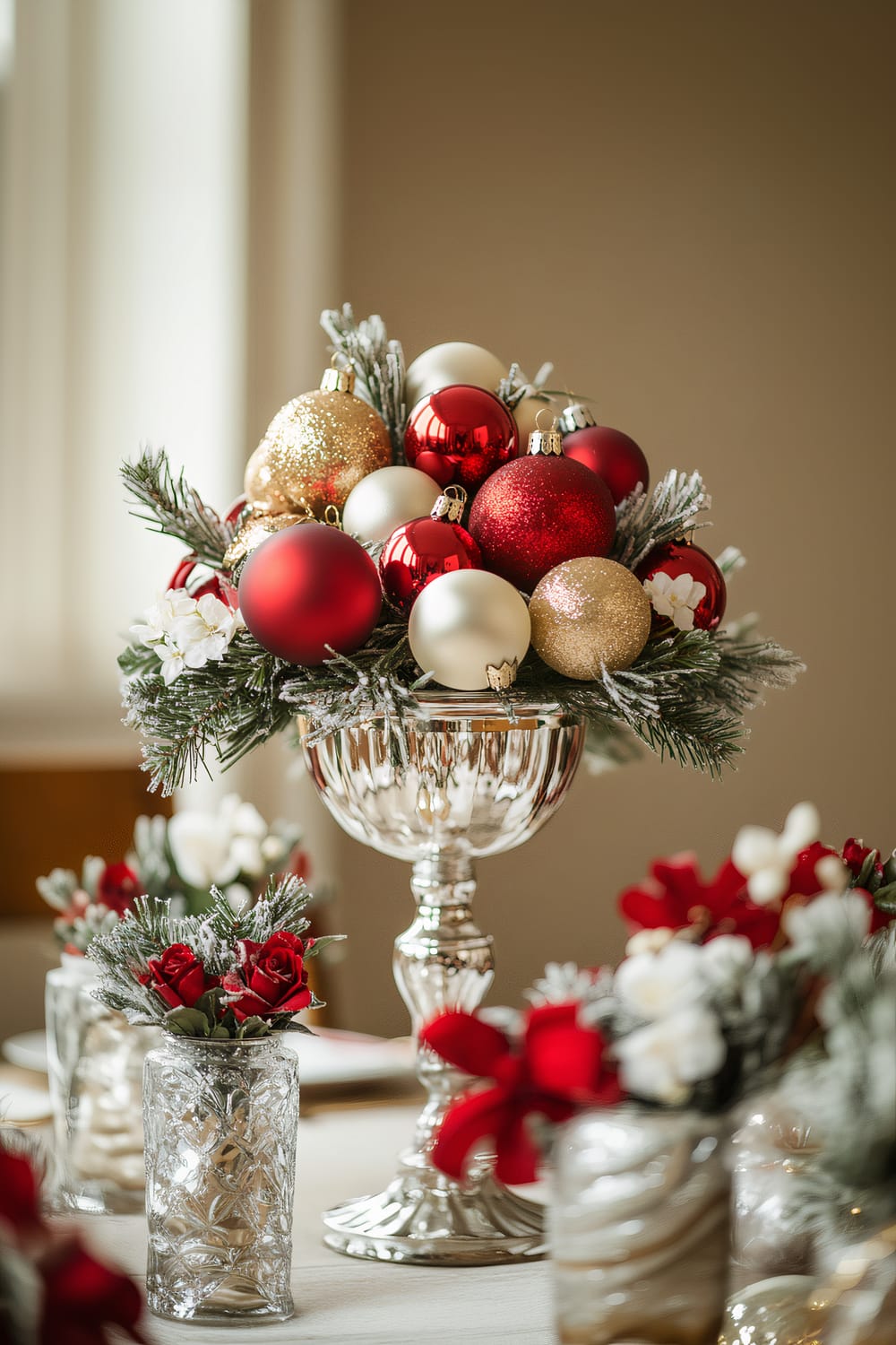 An elegant silver chalice filled with red, gold, and white Christmas ornaments sits as the centerpiece of a festive dining table. The table is decorated with small crystal vases holding sprigs of frosted greenery and red roses.