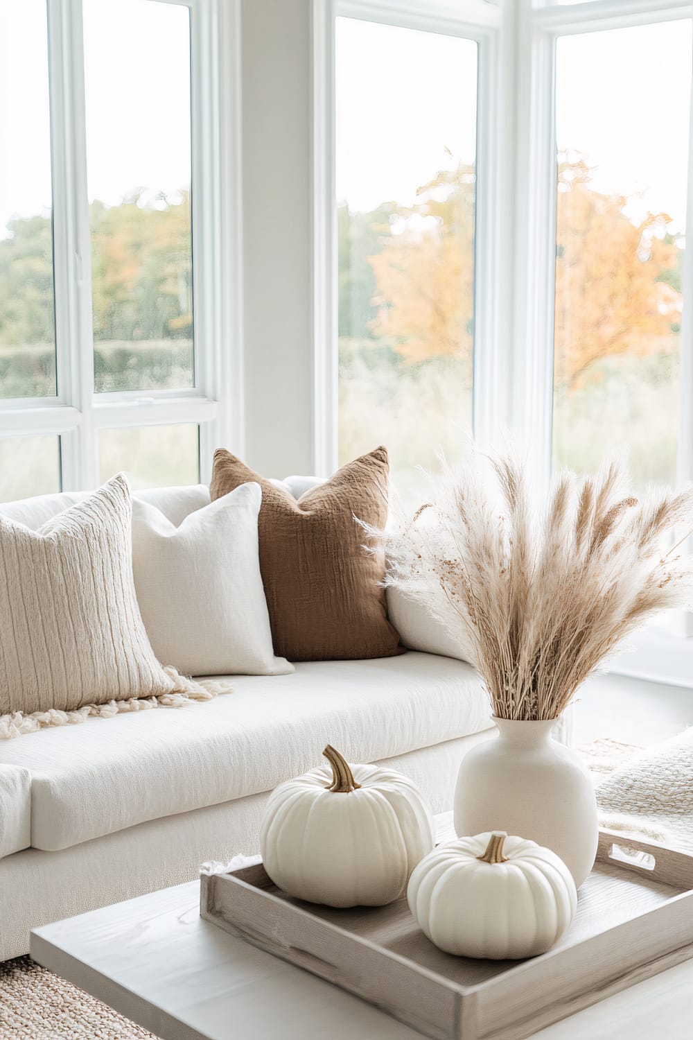 A living room decorated for fall, featuring a cream-colored sofa adorned with fluffy, textured pillows in shades of beige and brown. A white wooden tray on the light wooden coffee table holds two white decorative pumpkins and a white vase with dried pampas grass. Large windows in the background offer a view of green and orange autumn foliage outside.