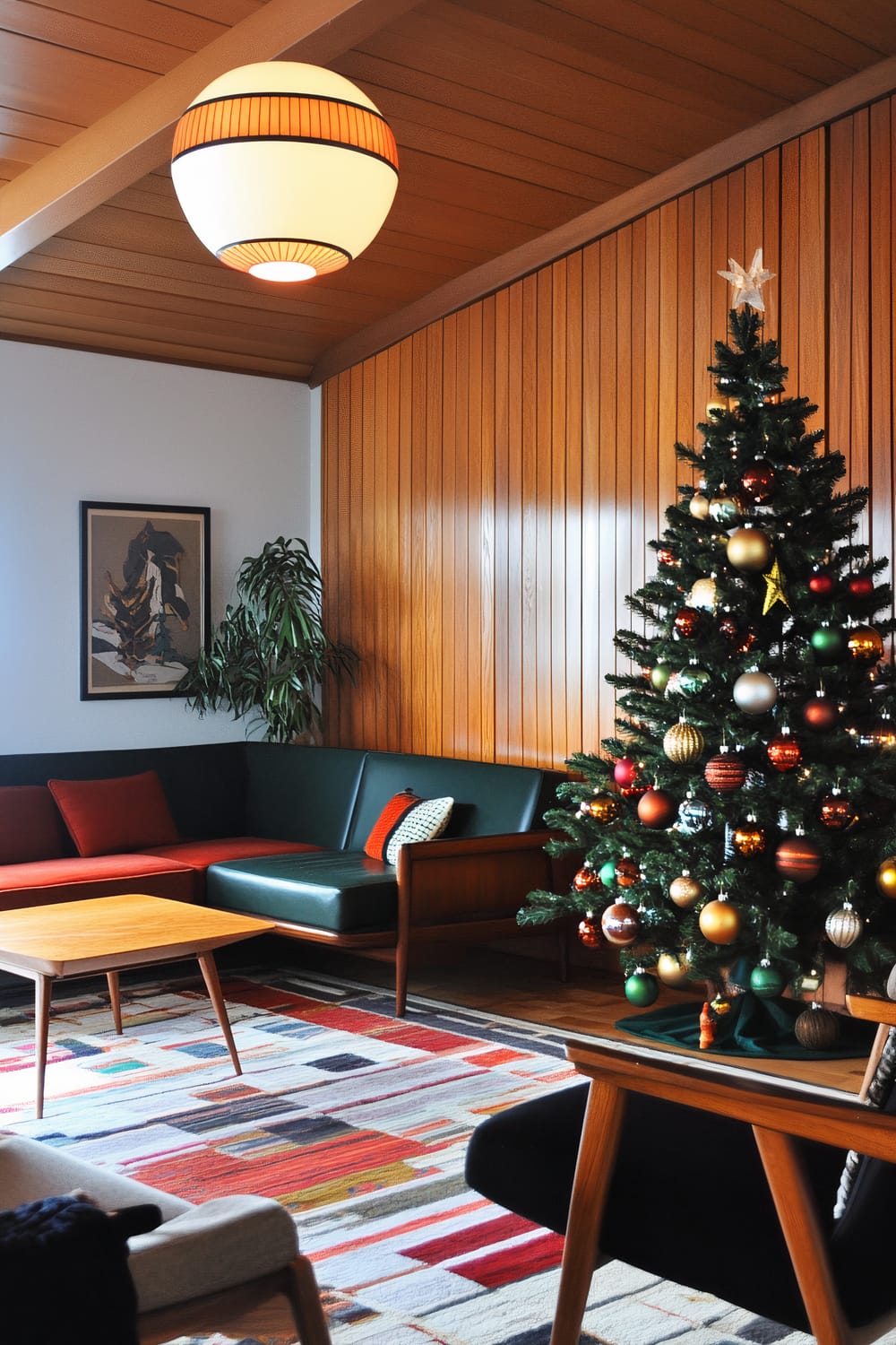 A mid-century modern living room with a vintage Christmas tree adorned with bold geometric ornaments. The space features iconic retro furniture including a green and red sectional sofa, a wooden coffee table, and stylish pendant lighting. The room has wooden paneling walls and a colorful, graphic-patterned area rug.