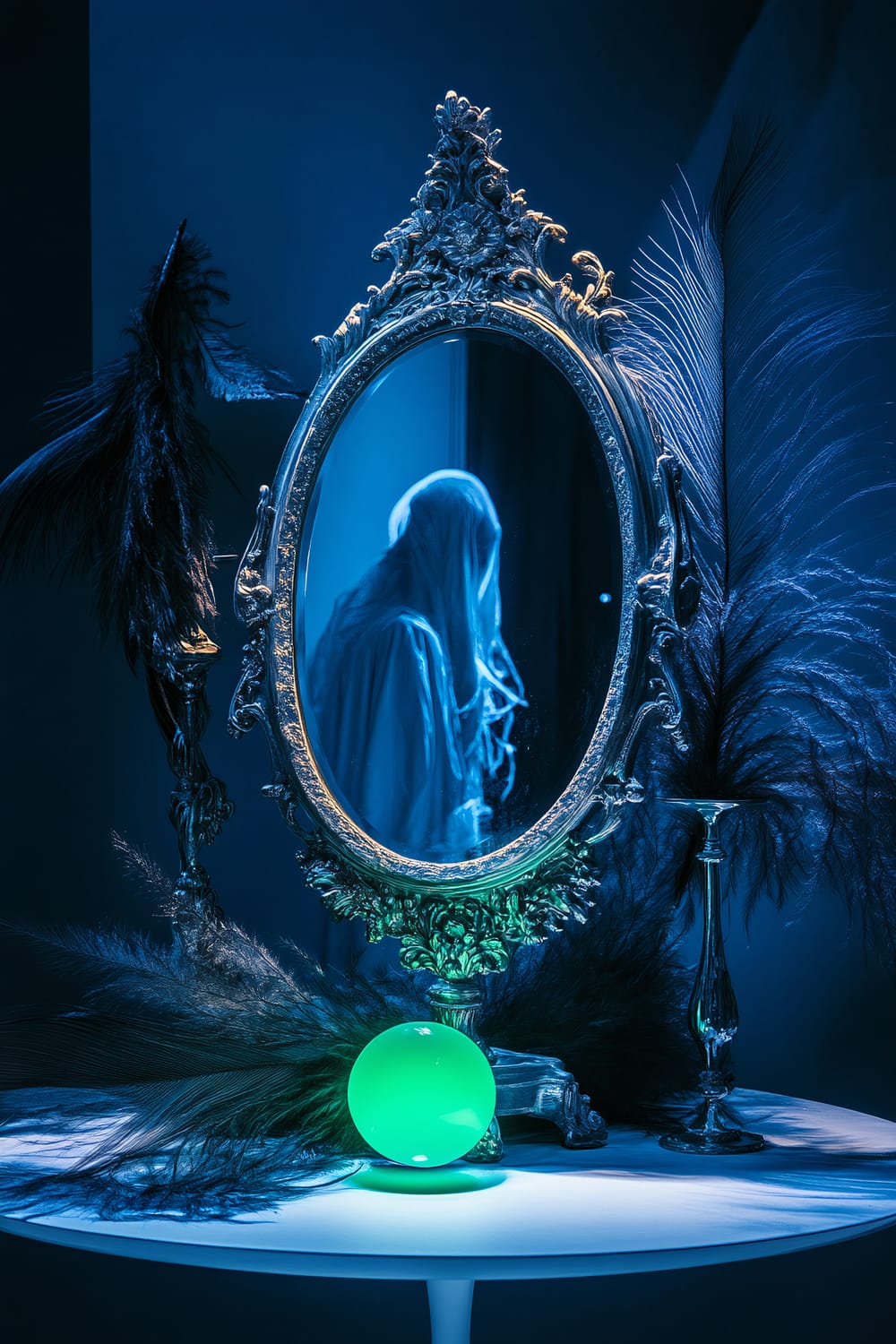 A dimly lit, eerie dining setup features a large, ornate mirror on a minimalist white table. The mirror reflects a ghostly figure draped in a veil. Black feathers surround the mirror, enhancing the sinister ambiance. A glowing green LED orb rests on the table, adding to the spooky atmosphere.