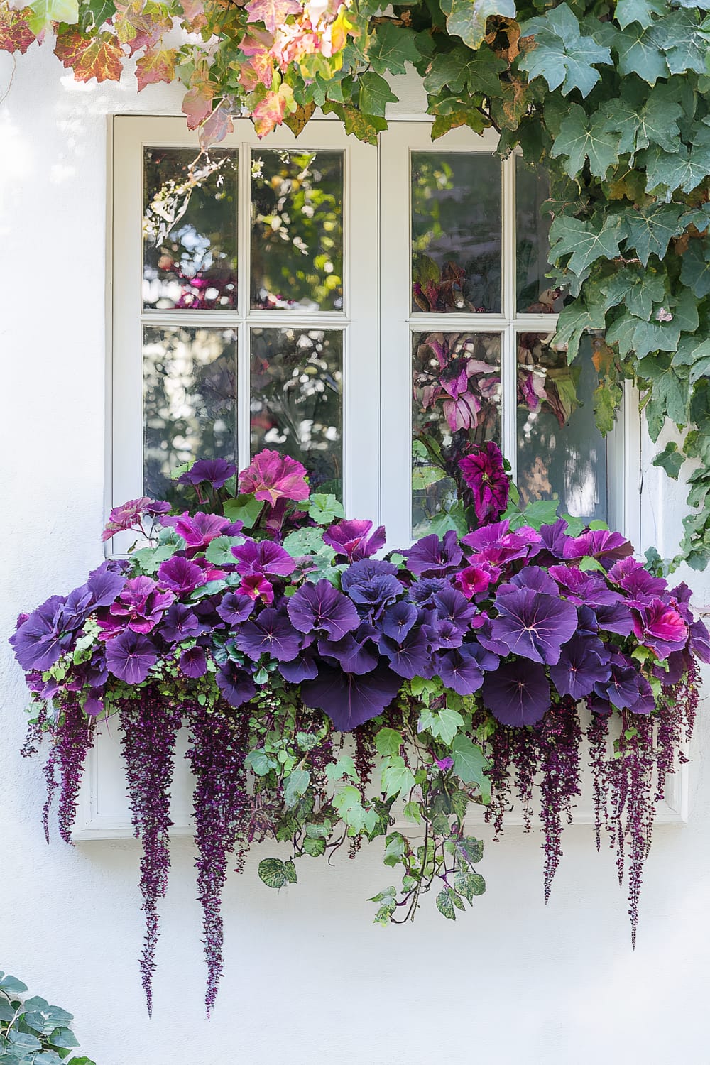 A double-paned window adorned with vibrant purple and fuchsia flowers in a window planter box. The flowers display various shades of purple, with trailing vines and delicate green foliage cascading downwards. Green ivy climbs around the window frame, blending harmoniously with the blooms. The window reflects the green foliage outside, adding a sense of depth and tranquility to the scene.