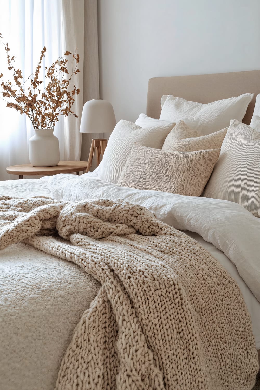 A minimalist bedroom features a bed with a beige upholstered headboard and a mix of white and beige pillows. A chunky knitted beige blanket is draped across the bed, and a wooden nightstand with a white vase holding dried branches and a white modern lamp stands beside the bed. The room has a serene and neutral color palette, with natural light filtering through white curtains in the background.