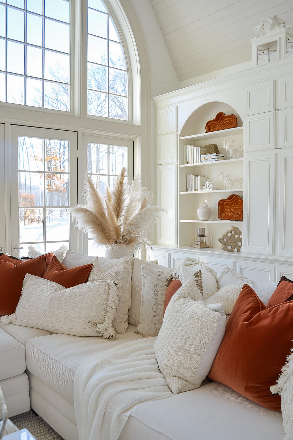 Elegant living room with large, arched floor-to-ceiling windows that let in an abundance of natural light. The space features a white sectional sofa adorned with cream and burnt orange textured pillows. A white blanket is draped over the armrest. Behind the sofa, there is a tall white built-in cabinet with open shelves displaying books, white ceramic figurines, and woven decor items. A vase with pampas grass accentuates the corner of the room.