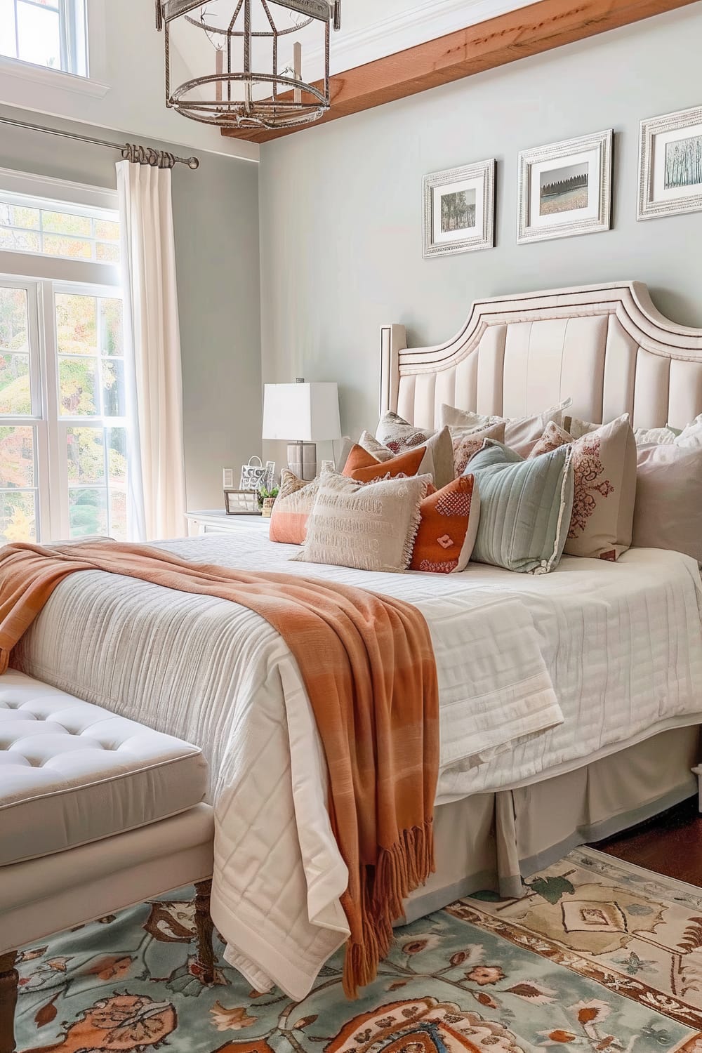 A well-appointed bedroom featuring a plush, upholstered headboard in a soft neutral shade. The bed is adorned with numerous decorative pillows in varying shades and textures, including beige, orange, and green. An orange throw blanket is elegantly draped over a white quilted bedspread. By the window, there is a table lamp on a bedside table with decorative accessories. Above the bed, three framed artworks hang on a light gray wall. A large window with cream curtains lets natural light flood the room, highlighting a chic, tufted bench at the foot of the bed. The ceiling has a visible wooden beam and a stylish pendant light fixture.