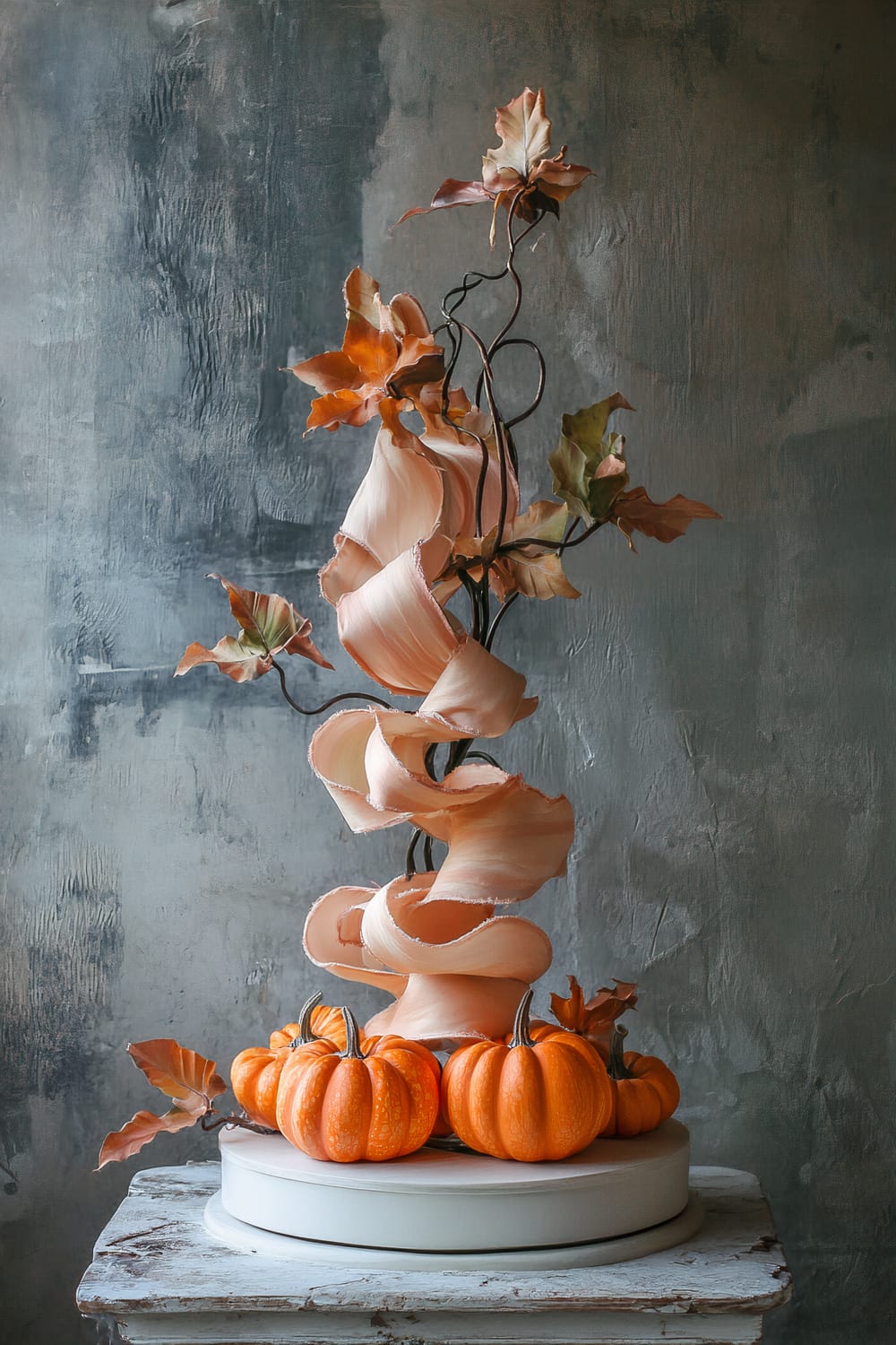 A whimsical arrangement featuring a cascade of rich, textured pink ribbons swirling around a few petite, bright orange pumpkins on a simple white circular base. The arrangement includes lifelike leaves in autumnal tones. The backdrop is a textured grey wall, creating elegant shadows and enhancing the romantic feel.