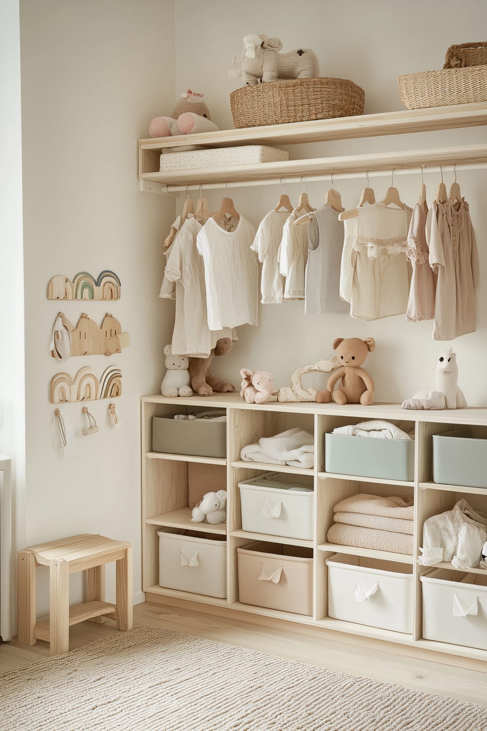 A gender-neutral, child-friendly closet with light wood tones and white shelving. Soft pastel storage bins in shades like lavender, sage green, and pale blue sit on the shelves, offering space for toys and accessories. Low and mid-height hanging rods with children's clothing, wall hooks, and a small rainbow decal are present. The room includes plush toys, a wooden step stool, and a neutral rug on the floor.