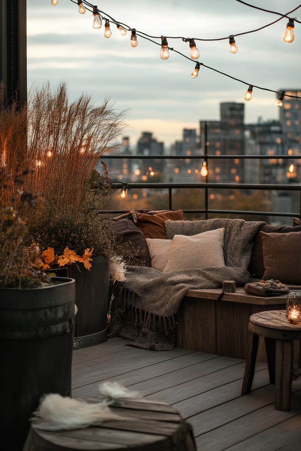 This image shows a rooftop terrace in an urban setting, adorned with string lights hanging above and large potted plants along the railing. There is a wooden bench covered with textured blankets and pillows, creating a cozy and inviting atmosphere. Small tables with candles add to the warm ambiance, and the city's skyline is visible in the background during sunset.