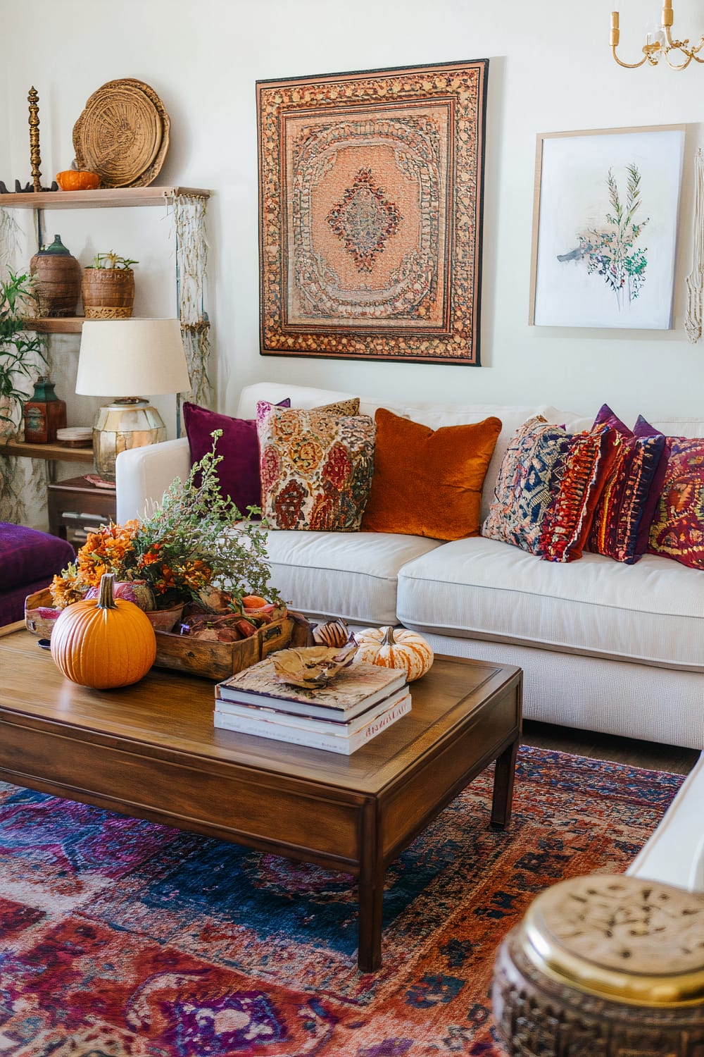 A vibrant living room with a white couch adorned with richly patterned and textured throw pillows in hues of orange, purple, and red. A wooden coffee table in front holds autumnal decorations such as a pumpkin, a tray of leaves and flowers, and a few books. The floor features a colorful, intricate rug with a mix of deep blues, reds, and oranges. On the wall above the couch hangs an elaborate, tapestry-like framed wall art, alongside a smaller piece with botanical illustrations. To the left of the couch, a wooden shelf displays a mix of decorative items, including woven baskets, vases, and a lamp. The interior exudes a warm and eclectic ambiance.