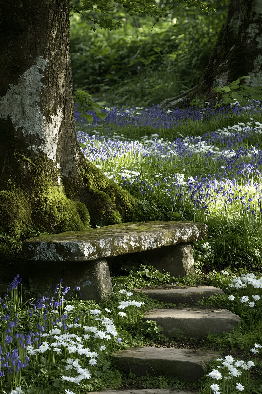 A serene wooded garden setting with a weathered stone bench surrounded by wildflowers such as bluebells and daisies under the shade of an oak tree, and a winding stepping stone path leading to this seating area.