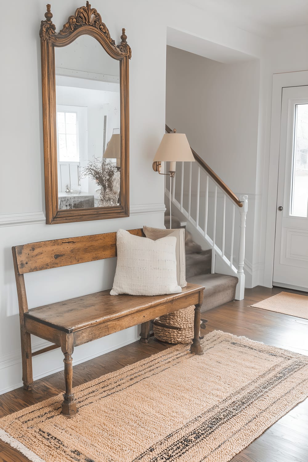 A vintage-inspired entryway featuring a distressed wooden bench, an antique brass coat rack, and a classic wooden console table with decorative objects. There is an ornate mirror reflecting light from a window, increasing the overall illumination of the space. A traditional patterned woven rug is positioned on the floor.