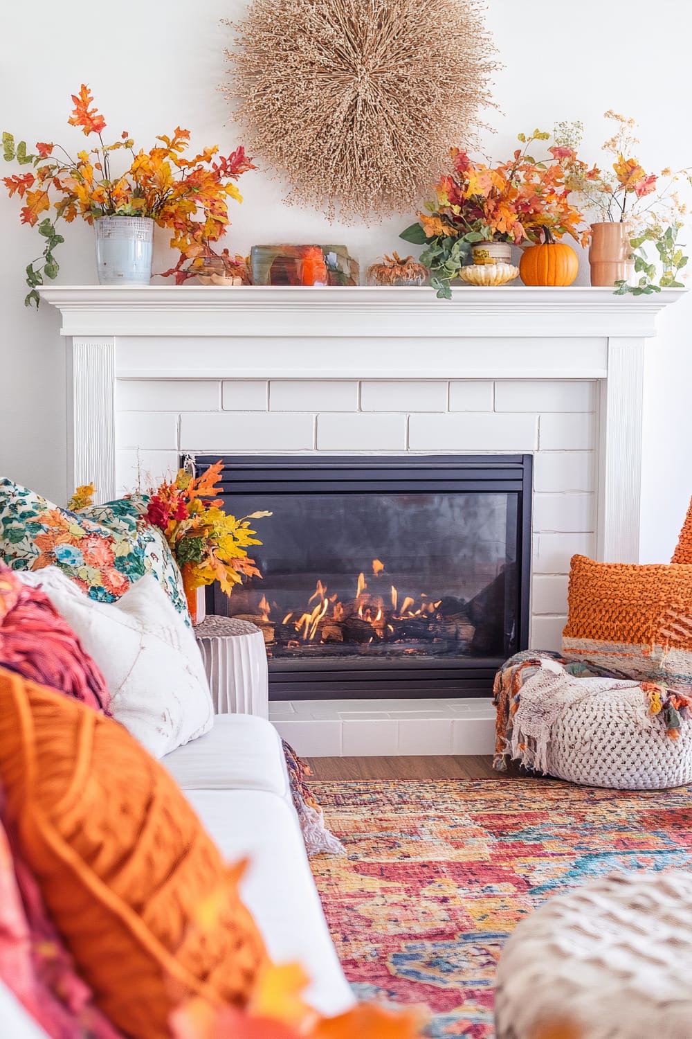 A cozy living room features a white fireplace with a black framed firebox, surrounded by white brick and a white mantel. The mantel is adorned with seasonal autumn decorations, including a large dried floral arrangement, colorful leaves, and small pumpkins. The seating area includes white furniture with vibrant throw pillows in shades of orange, white, and multicolored patterns, along with patterned poufs and a brightly colored rug that continues the autumnal theme.