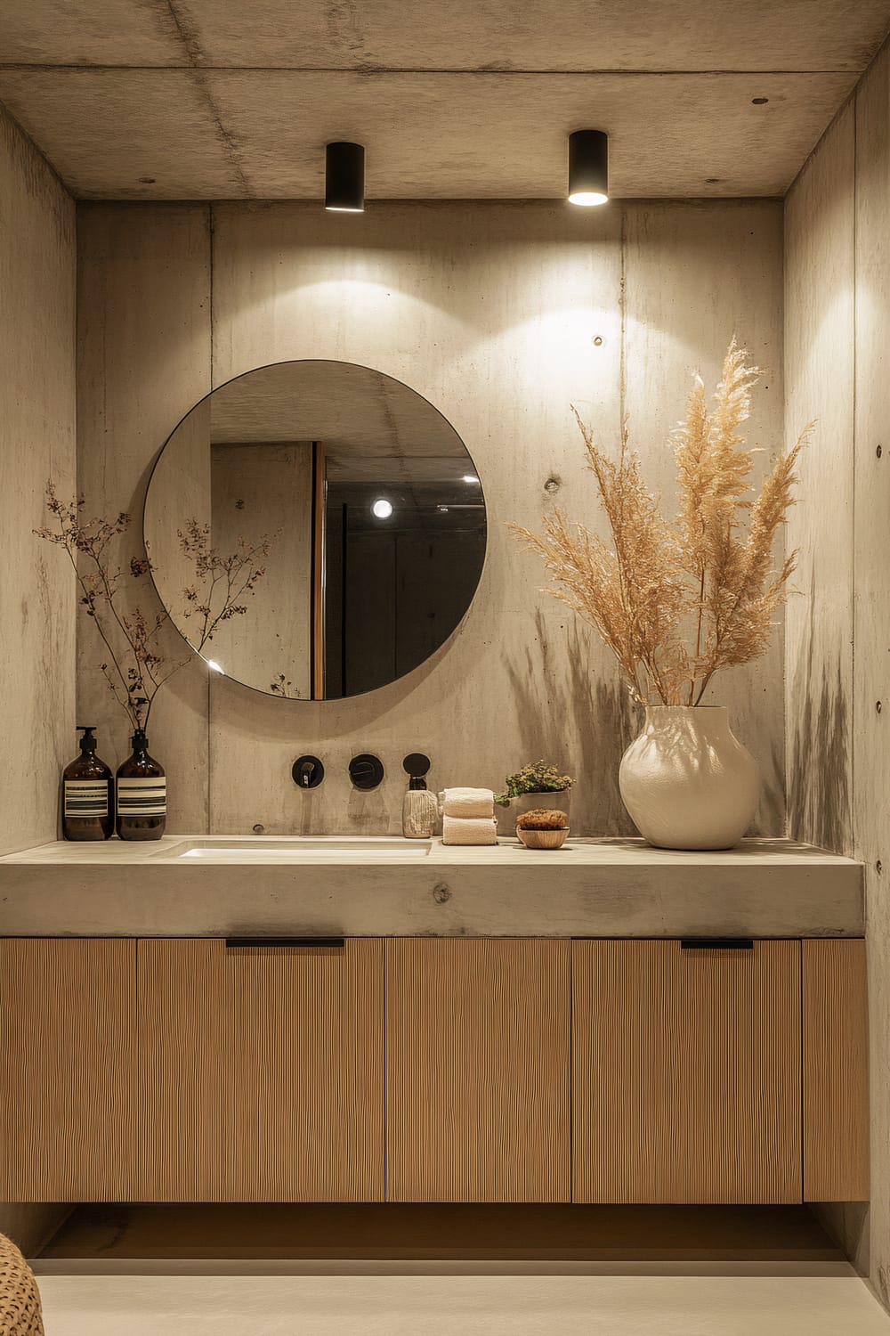 A modern, minimalist bathroom vanity is showcased in this image. The vanity features a concrete countertop with a built-in sink, placed against a backdrop of unfinished concrete walls. Above the vanity, a round mirror is mounted, reflecting the simplicity and uniformity of the space. Two black cylindrical light fixtures hang from the ceiling, illuminating the area. The vanity cabinets are made of wood with a light natural finish, and they have horizontal grooves for subtle texture. Adorning the countertop are a large white ceramic vase filled with tall pampas grass, a couple of amber glass soap dispensers, neatly folded towels, a small pot with greenery, and a small wooden brush.