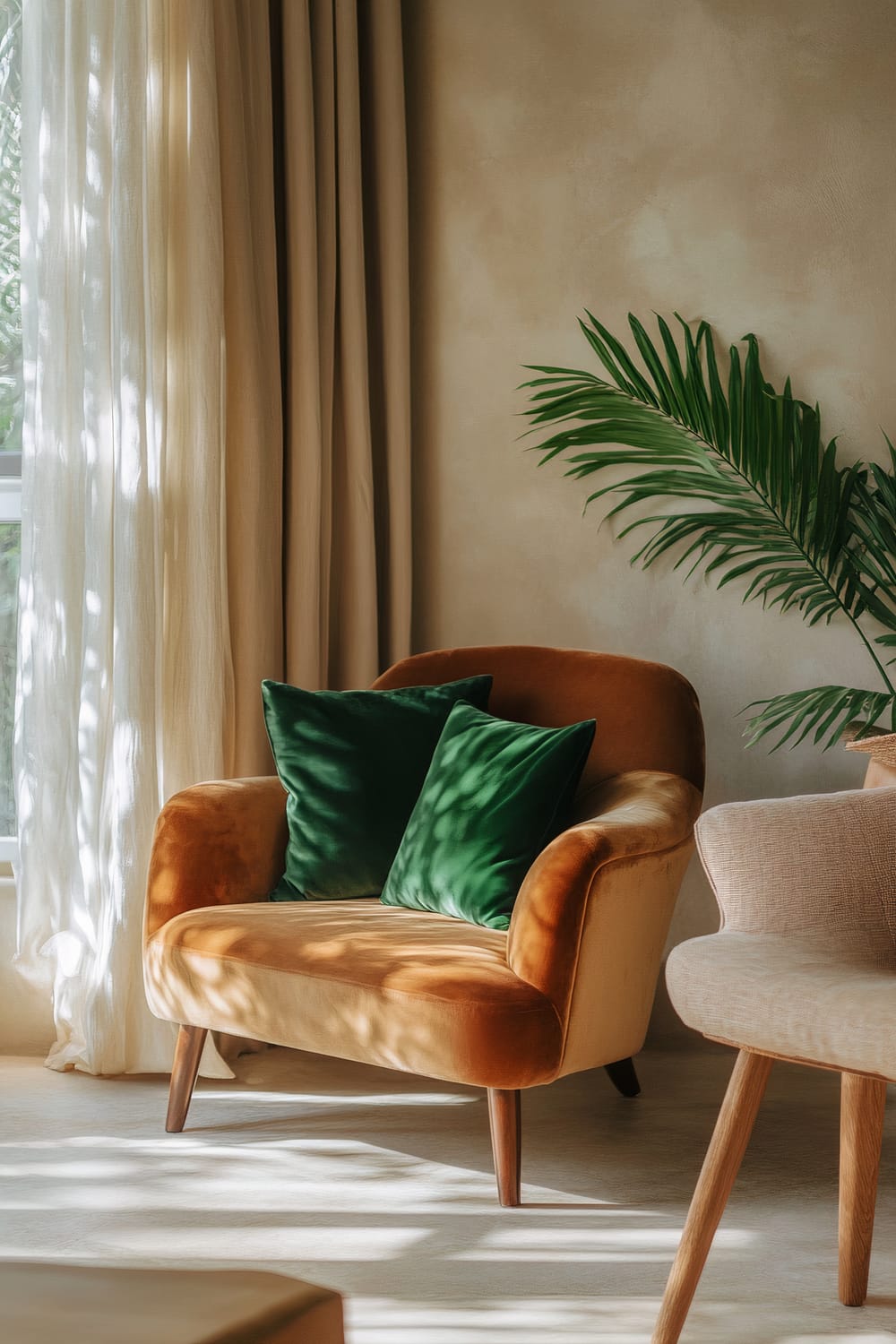 A serene living room featuring a warm beige wall, a plush brown terracotta chair with deep green throw pillows, and a large leafy plant in the corner. Soft natural light filters through beige linen curtains, highlighting the cozy and uncluttered space.