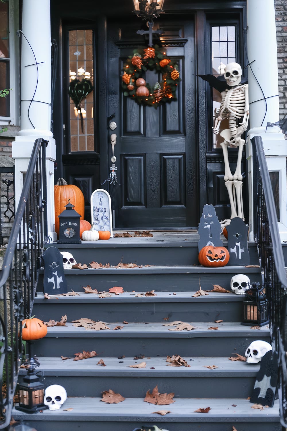 An outdoor staircase leading to a front door, decorated for Halloween. The black door features a festive wreath with orange and pine decorations, and a skeleton figure is positioned to the side. The steps are adorned with artificial gravestones, small and medium pumpkins, both whole and carved, white skulls, and scattered dry leaves. Lanterns and other Halloween-themed decorations also embellish the steps, contributing to an eerie atmosphere.