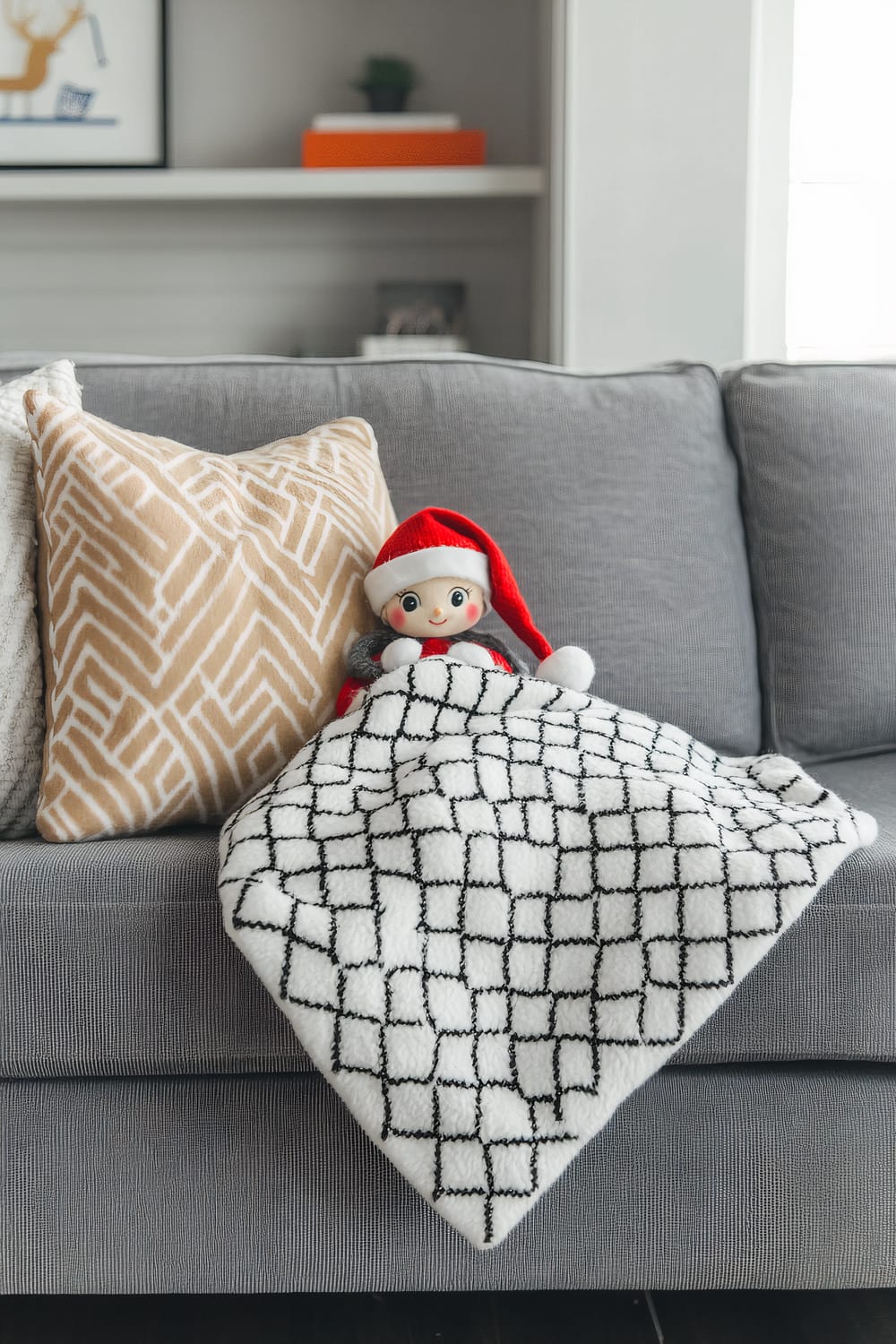 An Elf on the Shelf doll in a red hat and outfit is tucked under a modern black and white patterned throw blanket on a minimalist gray sofa. A beige geometric-patterned pillow is next to the elf. The living room is contemporary with clean lines, neutral tones, and a soft, natural light setting.