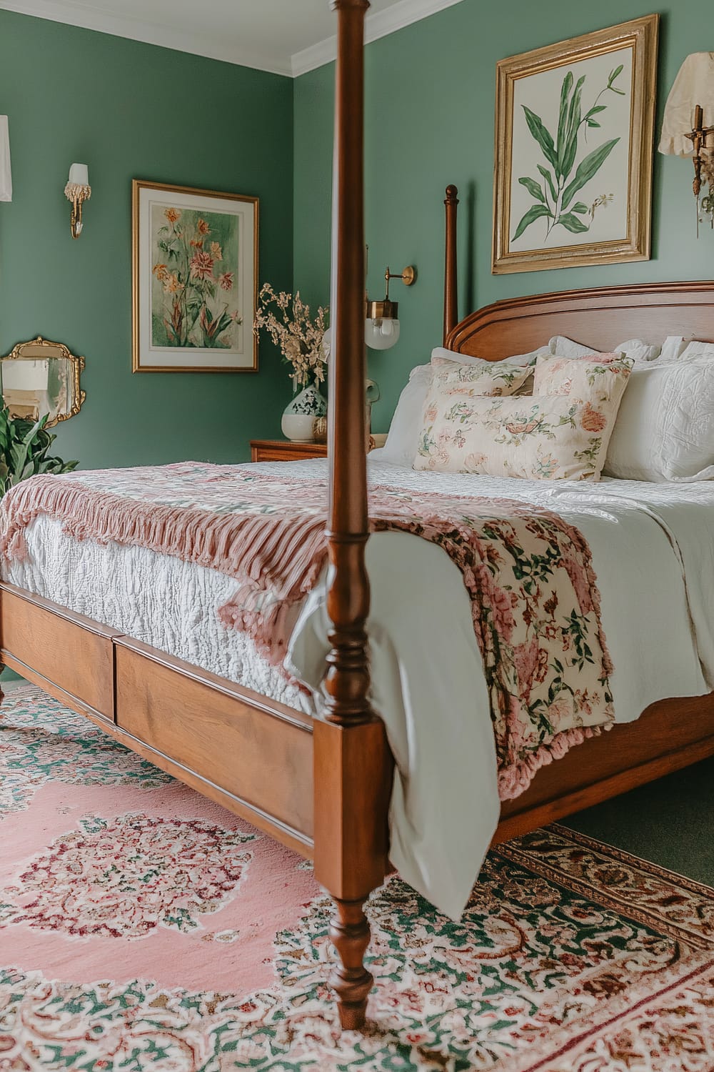 A bedroom with dark green walls, featuring a wooden four-poster bed adorned with white and floral bedding. The bed is complemented with a pink and floral throw at the foot. A large floral area rug with pink and green patterns is under the bed. The wall above the bed has framed botanical prints and wall sconces with lamp shades. Adjacent to the bed is a wooden nightstand with a ceramic vase and decorative flowers. A potted plant is placed near a vintage gold-framed mirror on the left wall.