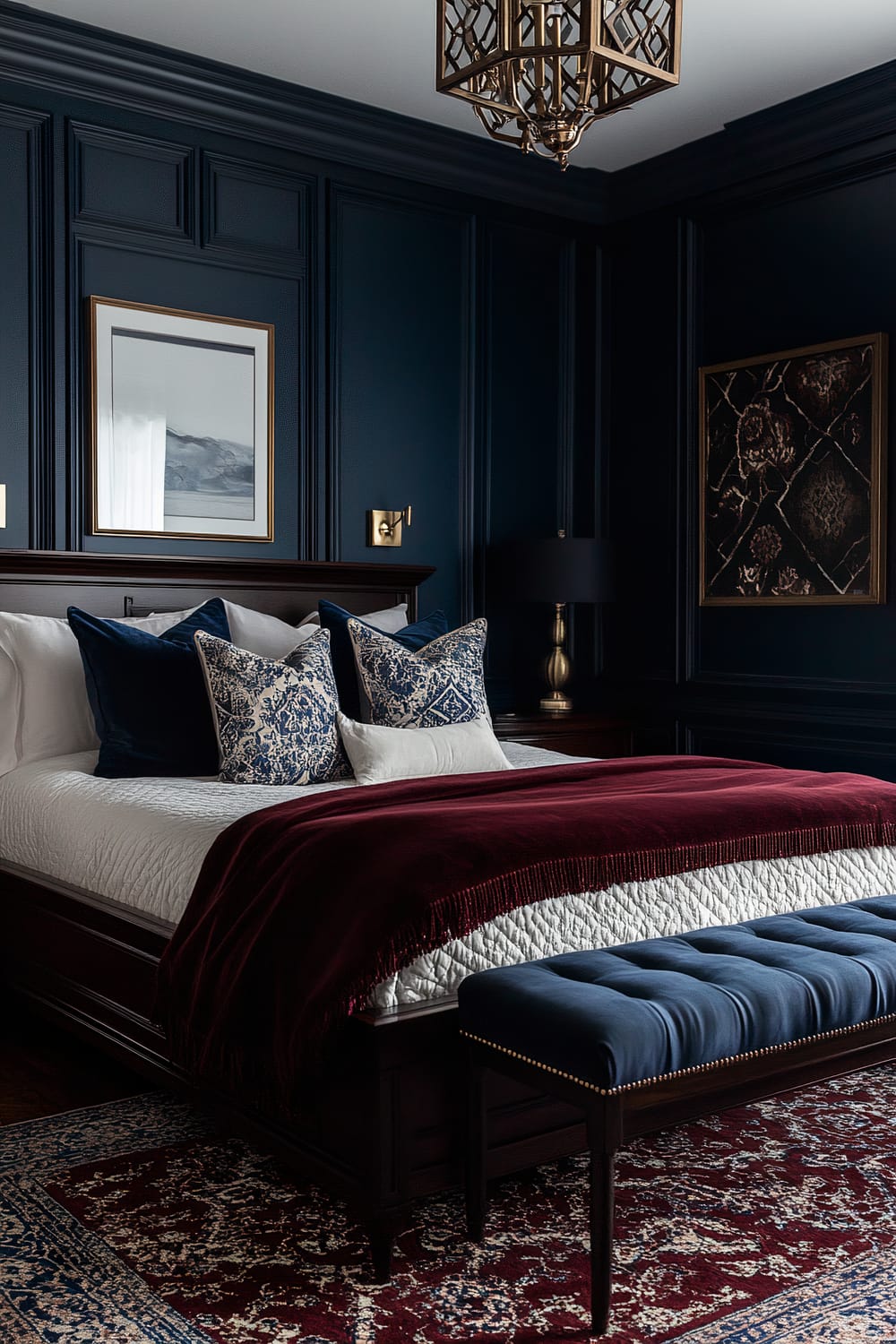 A sophisticated bedroom is characterized by dark navy blue paneled walls adorned with simplistic gold accents. The focal point is a large bed with white bedding, topped with a burgundy throw blanket and an assortment of navy blue and patterned decorative pillows. At the foot of the bed, a deep blue tufted bench with gold nailhead trim adds elegance. The dark wood of the bed frame and matching bedside table complement the room’s luxurious feel. Above the bed, a black and white framed landscape photo is hung, and nearby, a black lampshade with a gold base sits on the bedside table. A vintage-style ornate rug in deep red, navy blue, and cream colors lies underfoot, while a geometric gold chandelier hangs from the ceiling, casting a warm glow over the space.