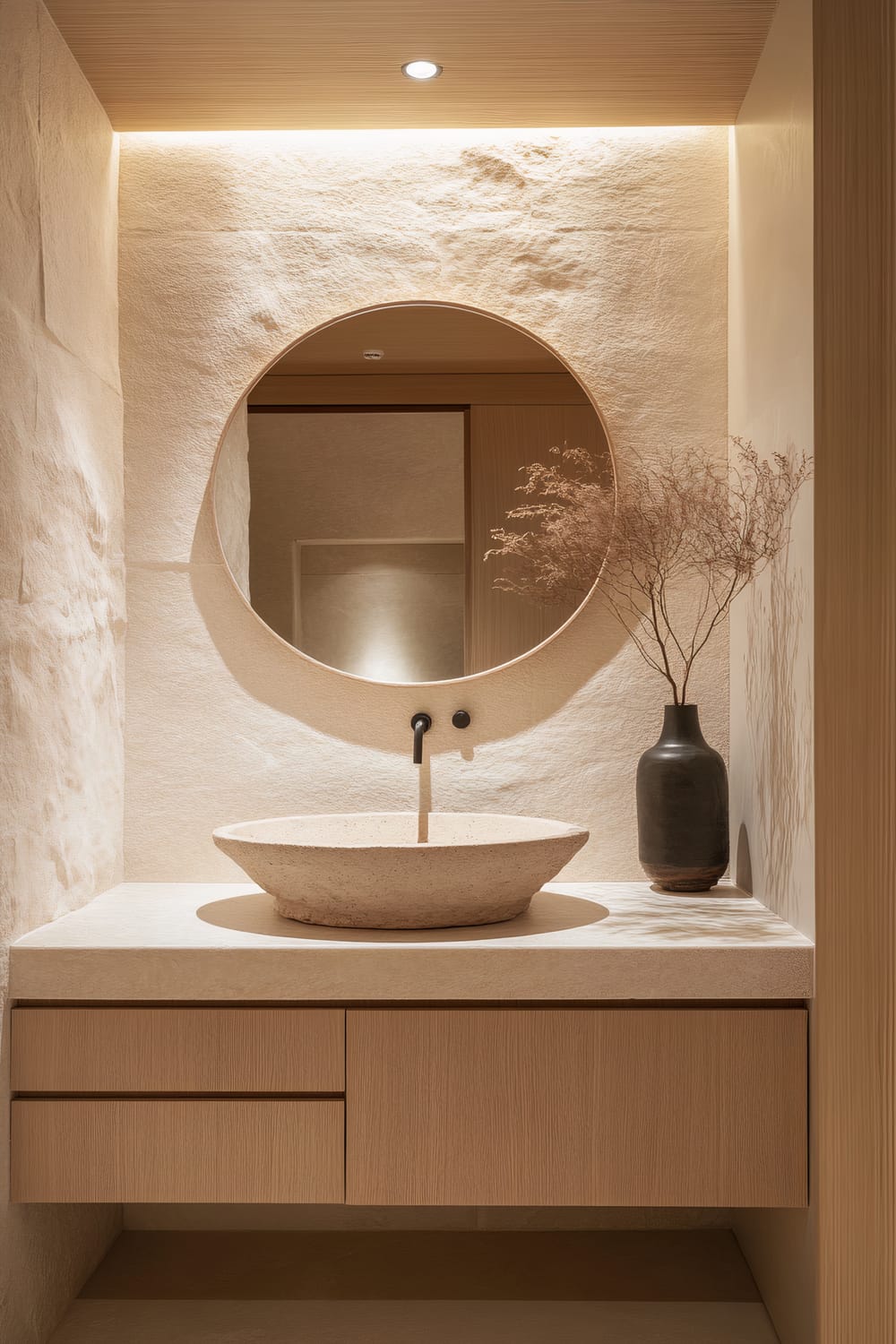 A minimalist bathroom features a circular mirror mounted on a textured stone wall. Beneath the mirror is a stone vessel sink with a matte black wall-mounted faucet. A modern wooden vanity with clean lines and drawers sits below the sink. A black ceramic vase containing dried foliage adds a natural touch to the right side of the countertop. Warm, ambient lighting creates a serene and inviting atmosphere.