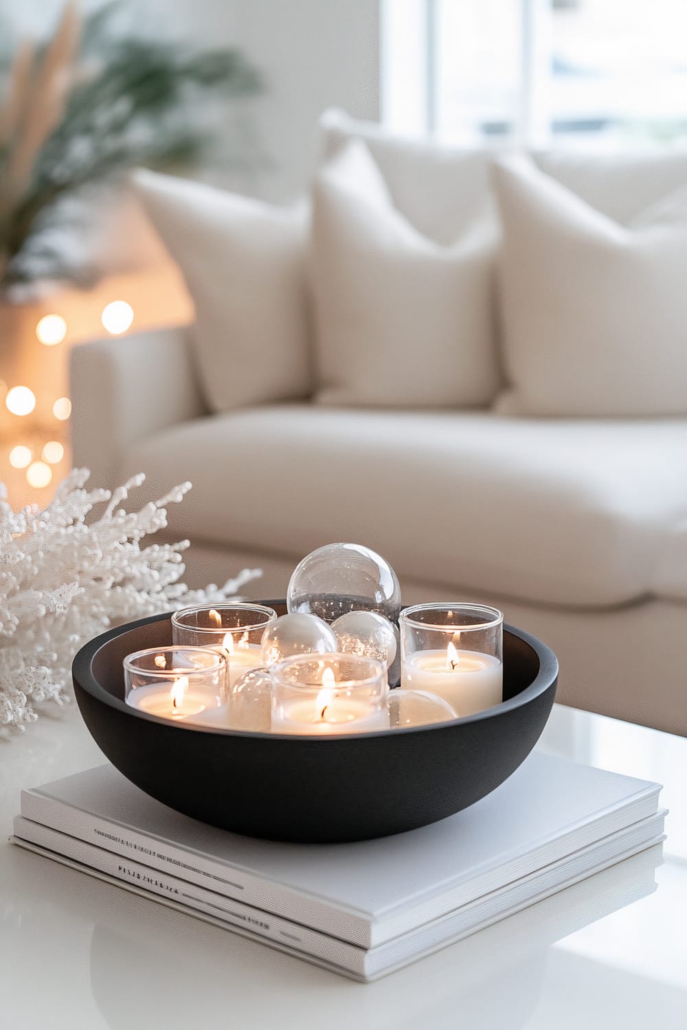 A minimalistic living room featuring a black bowl with lit white candles and glass spheres, placed atop a stack of two white books on a glossy white table. In the background, a white sofa with several white pillows and some blurred greenery and fairy lights are visible.