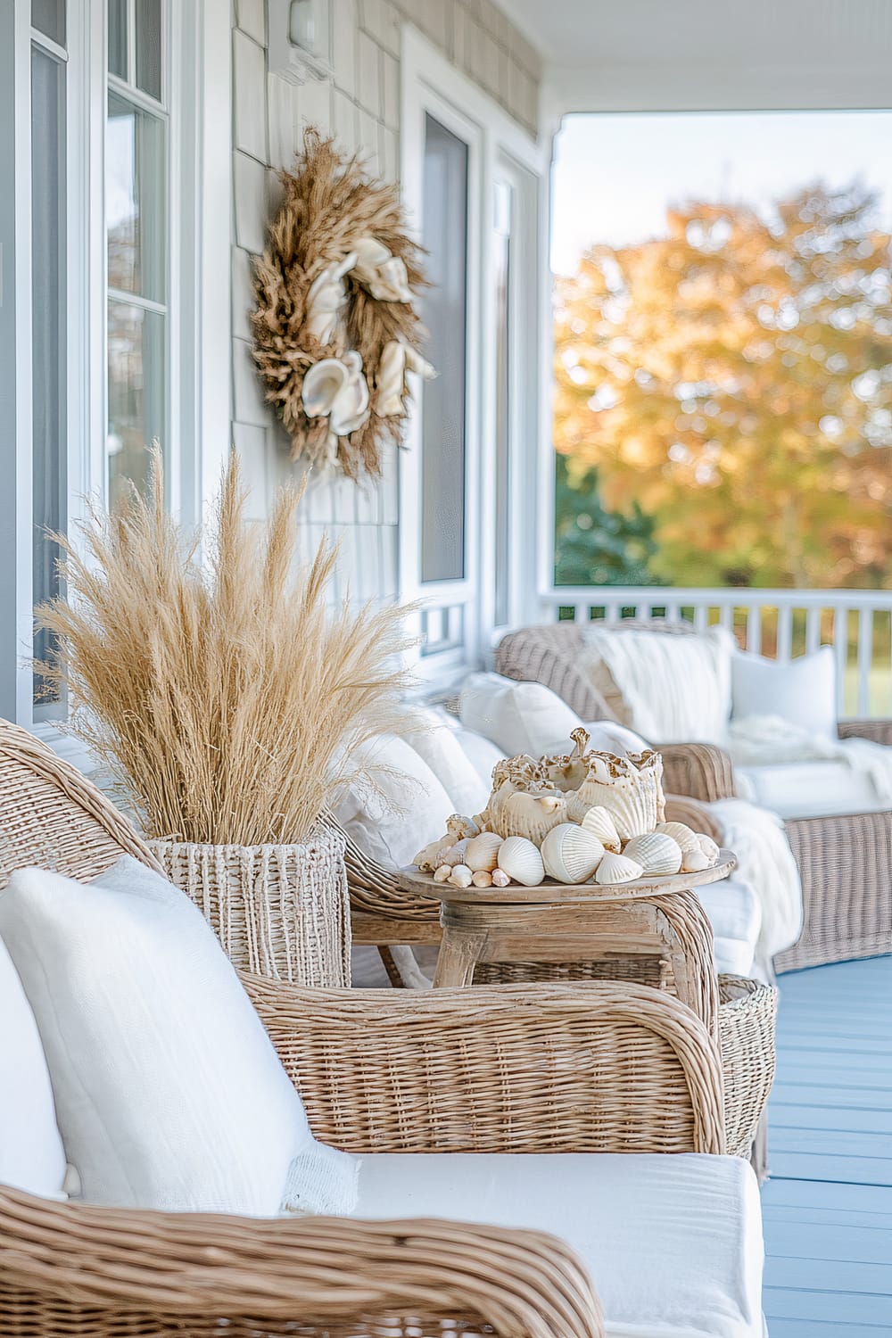 A serene porch setting with rattan furniture forms the central focal point. Two rattan chairs, adorned with soft white cushions, sit parallel to each other on a light blue wooden deck with a natural-tone side table between them. On the table is a decorative arrangement of sea shells. Behind the chairs, a large basket filled with dried wheat stalks complements the rustic coastal theme. On the wall above the chairs, a hanging wreath with a mixture of dried grasses and seashells adds to the décor. The background reveals a scenic view of autumn foliage through a white railing, casting a warm golden hue.