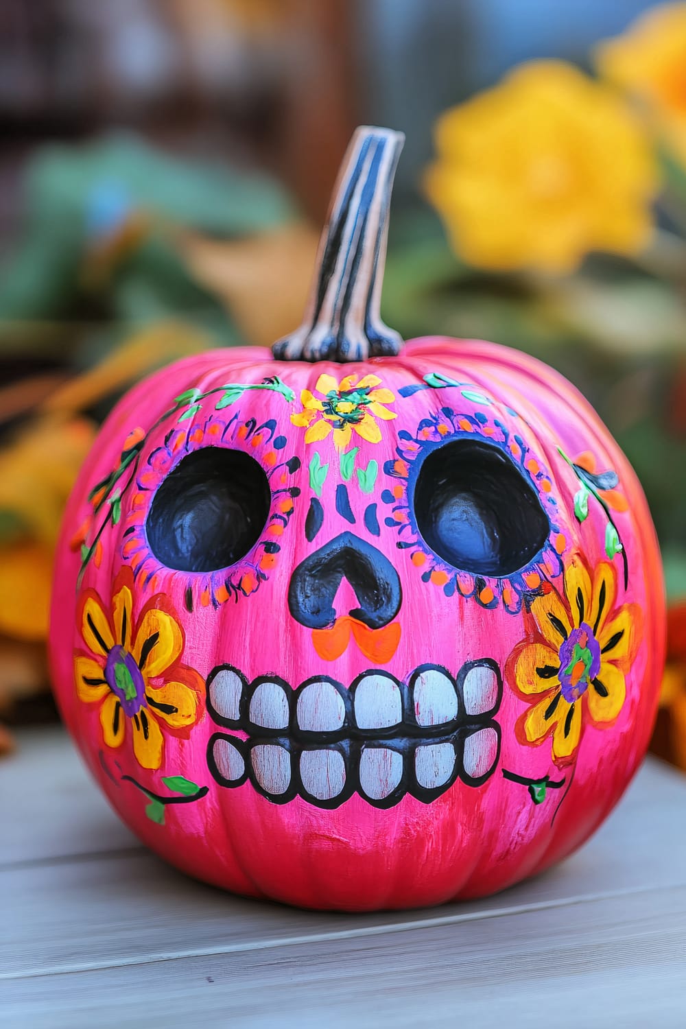 A bright pink pumpkin is intricately painted with vibrant designs, resembling a Día de los Muertos (Day of the Dead) sugar skull. The face includes large black eye sockets, a black nose, and white teeth outlined in black. Colorful flowers in shades of yellow, blue, and orange adorn the face, enhancing the festive appearance.