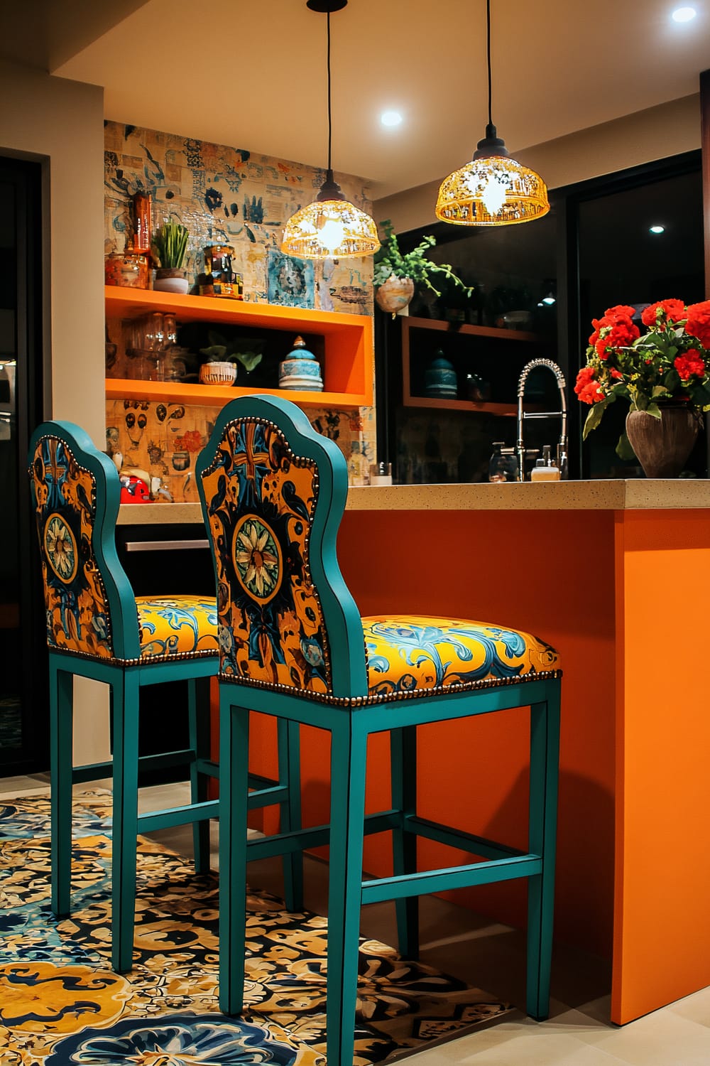 A pair of eclectic bar stools with vintage designs in bright yellow and turquoise are placed at a bold orange kitchen island. The stools have a high back and intricate pattern that matches the patterned floor tiles. The background features dark cabinetry and minimal decorative items, with dramatic overhead lighting above the island.