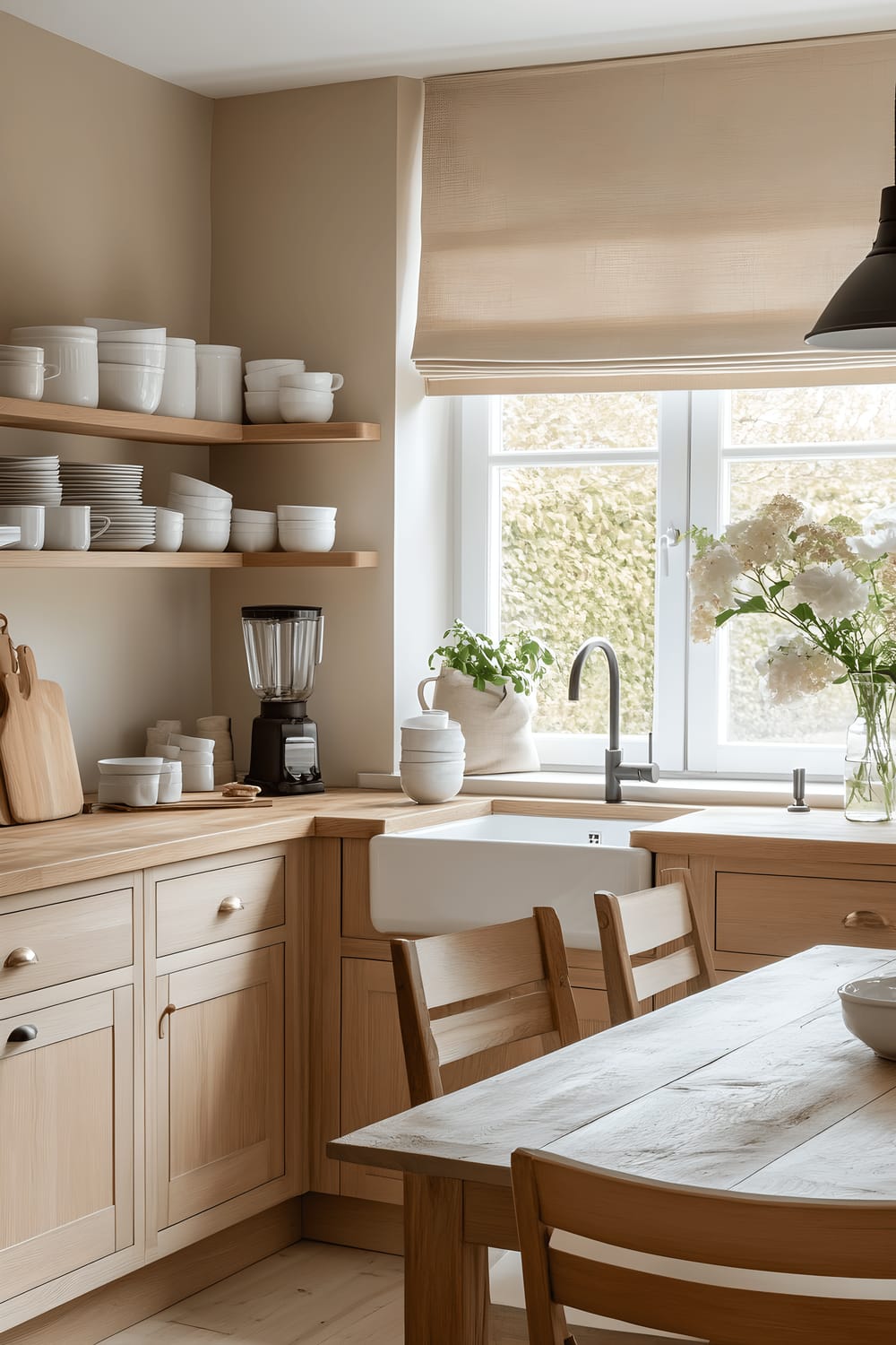 A warm and inviting Scandinavian-themed kitchen featuring a light oak cabinetry complemented by natural wooden countertops. The large farmhouse sink underneath a window allows natural light to grace the room. Near the window is a wooden dining table, tastefully paired with chairs of the same theme and a simple vase of fresh flowers atop it. White ceramic dishes, wooden utensils, and glass canisters filled with organic ingredients are neatly decorated on the open shelves. The whole scene is tied by soft, diffused lighting from pendant lamps with wooden accents.