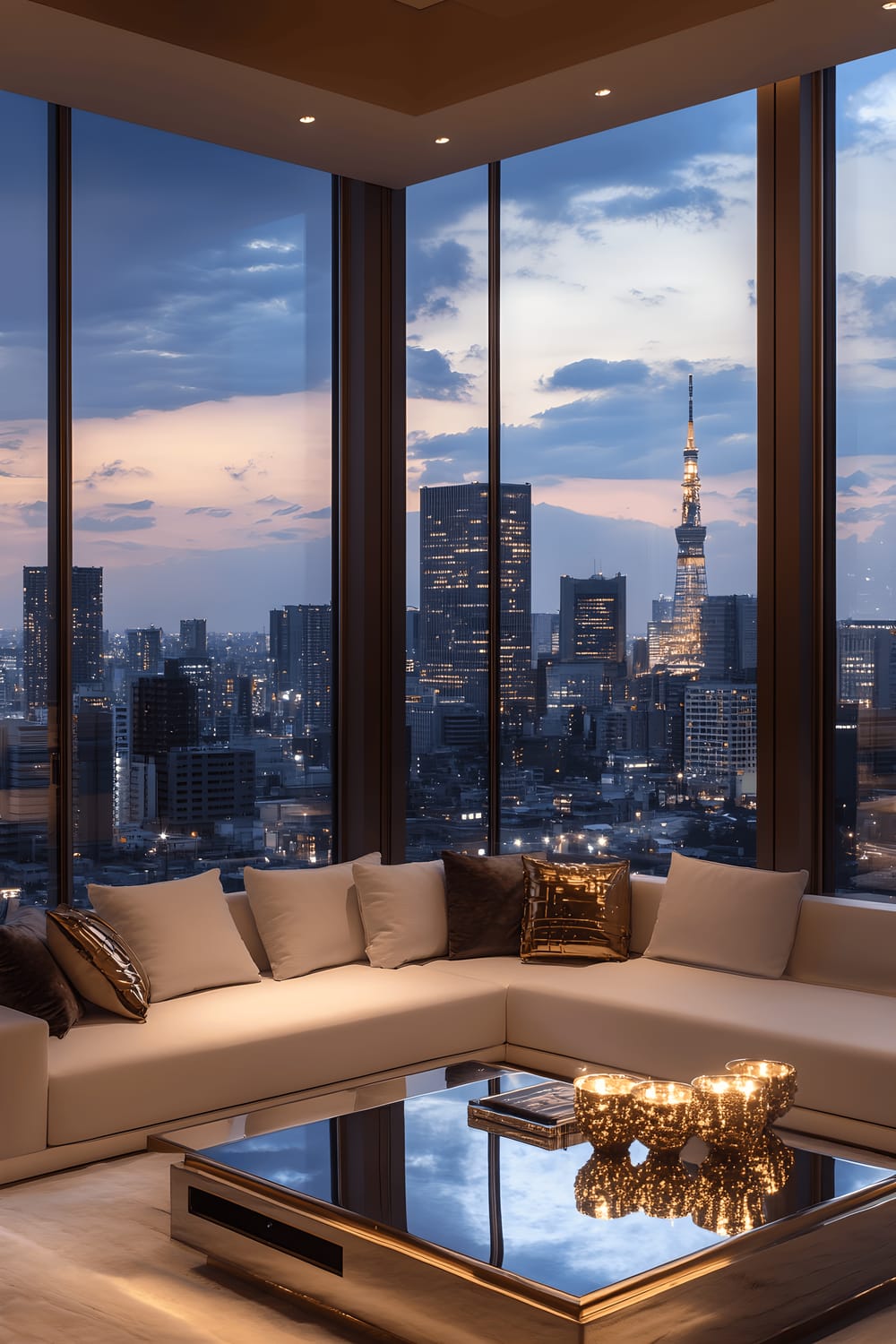 A luxurious Tokyo penthouse living room with a modern white sectional sofa centered on a sleek glass coffee table. Gold-accented decor and a minimalist chandelier adorn the space. Large floor-to-ceiling windows reveal a panoramic view of the city's skyline.